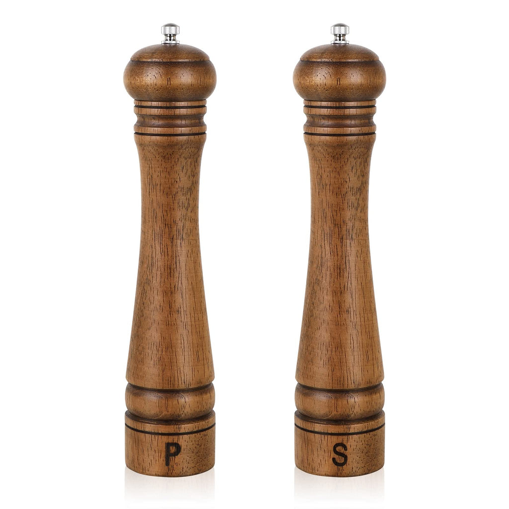 Haomacro Salt and Pepper Grinder Set, Wooden Salt Pepper Mill Grinders Kitchen Manual Wood Pepper Mills Set Refillable Adjustable Coarseness Ceramic Rotor 10 Inches,2pcs