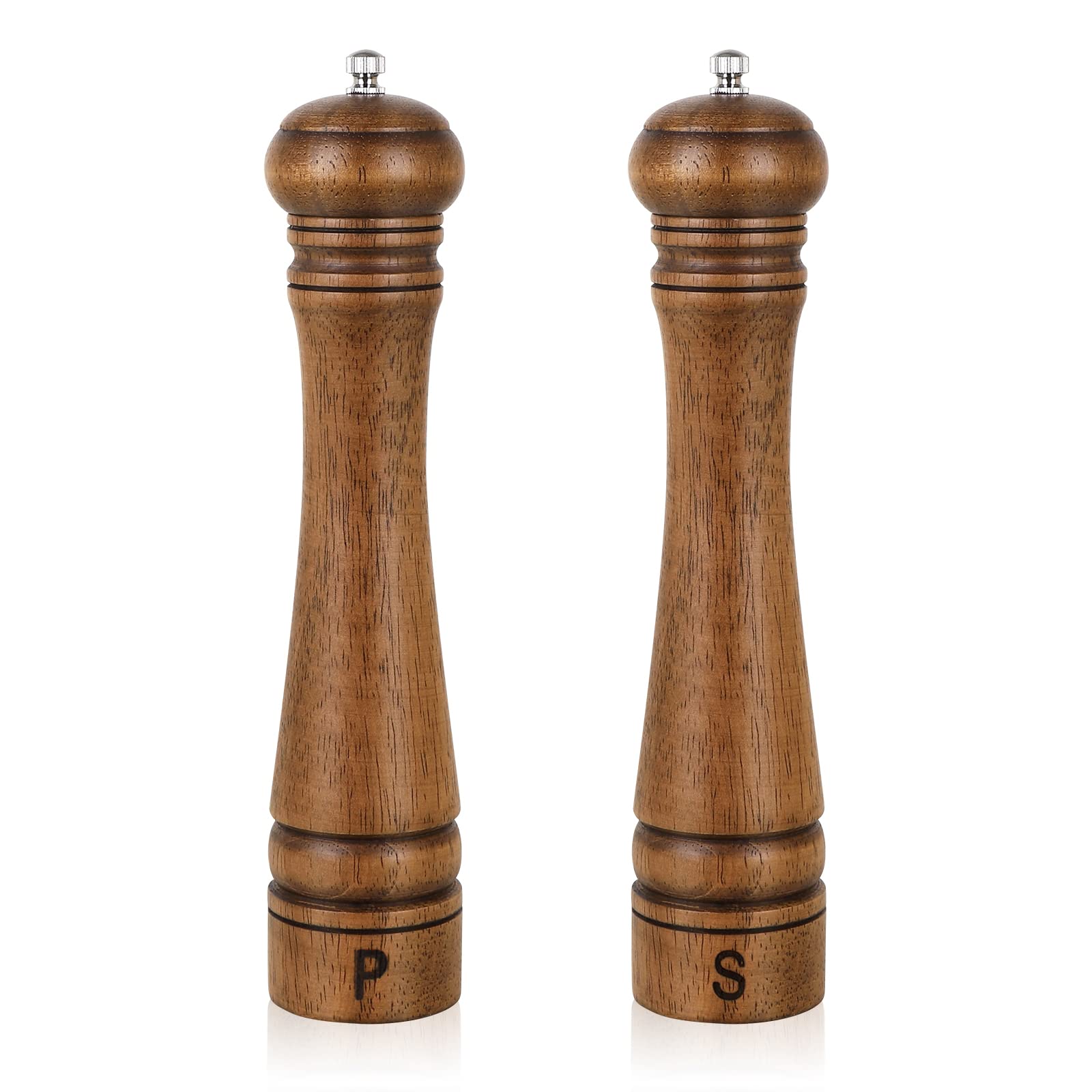 Haomacro Salt and Pepper Grinder Set, Wooden Salt Pepper Mill Grinders Kitchen Manual Wood Pepper Mills Set Refillable Adjustable Coarseness Ceramic Rotor 10 Inches,2pcs