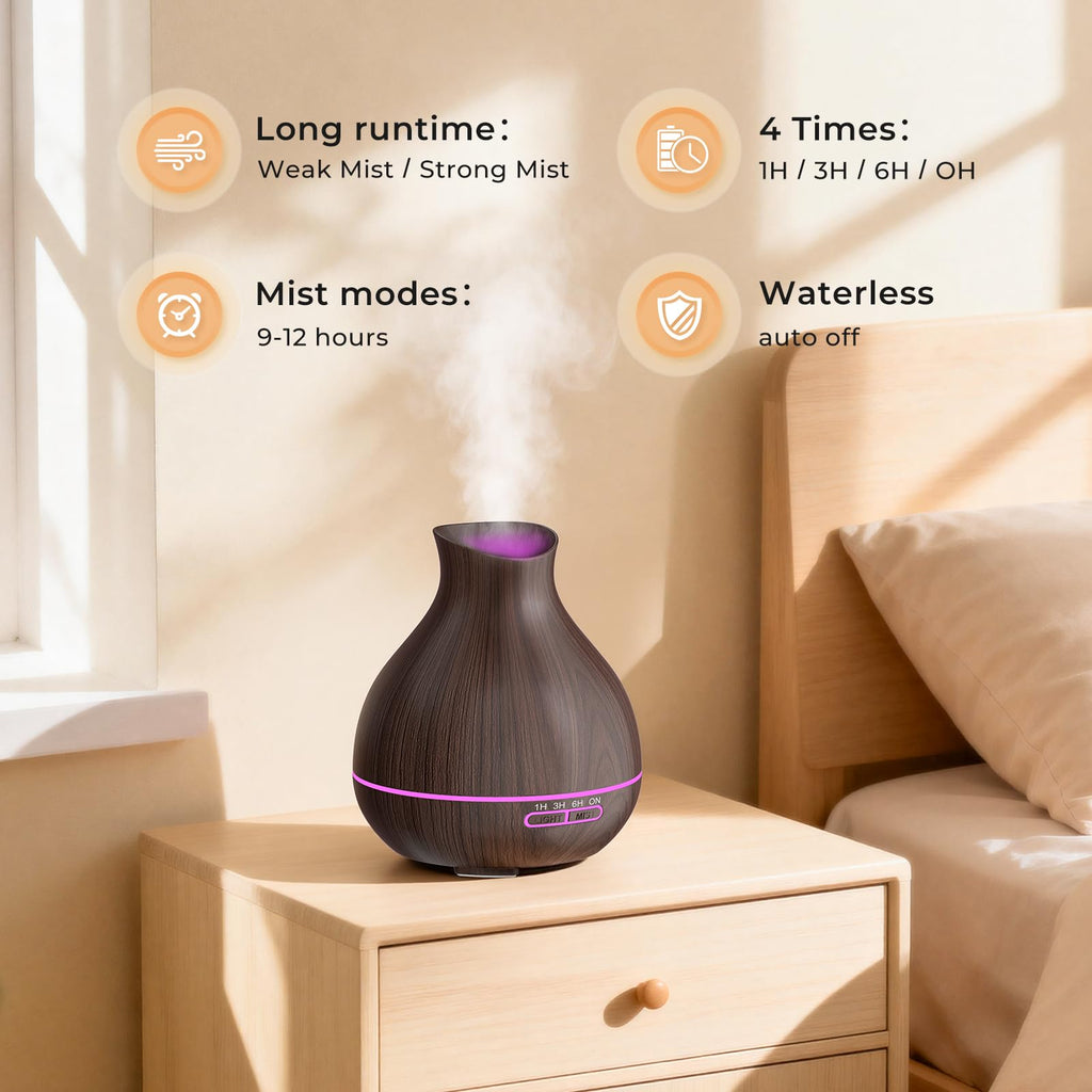 BZseed Aromatherapy Essential Oil Humidifier 550ml 12 Hours High Output for Large Room, Home, Waterless Auto-Off, 7 Color LED Lights Wood Grain Ultrasonic Cool Mist Diffusers,