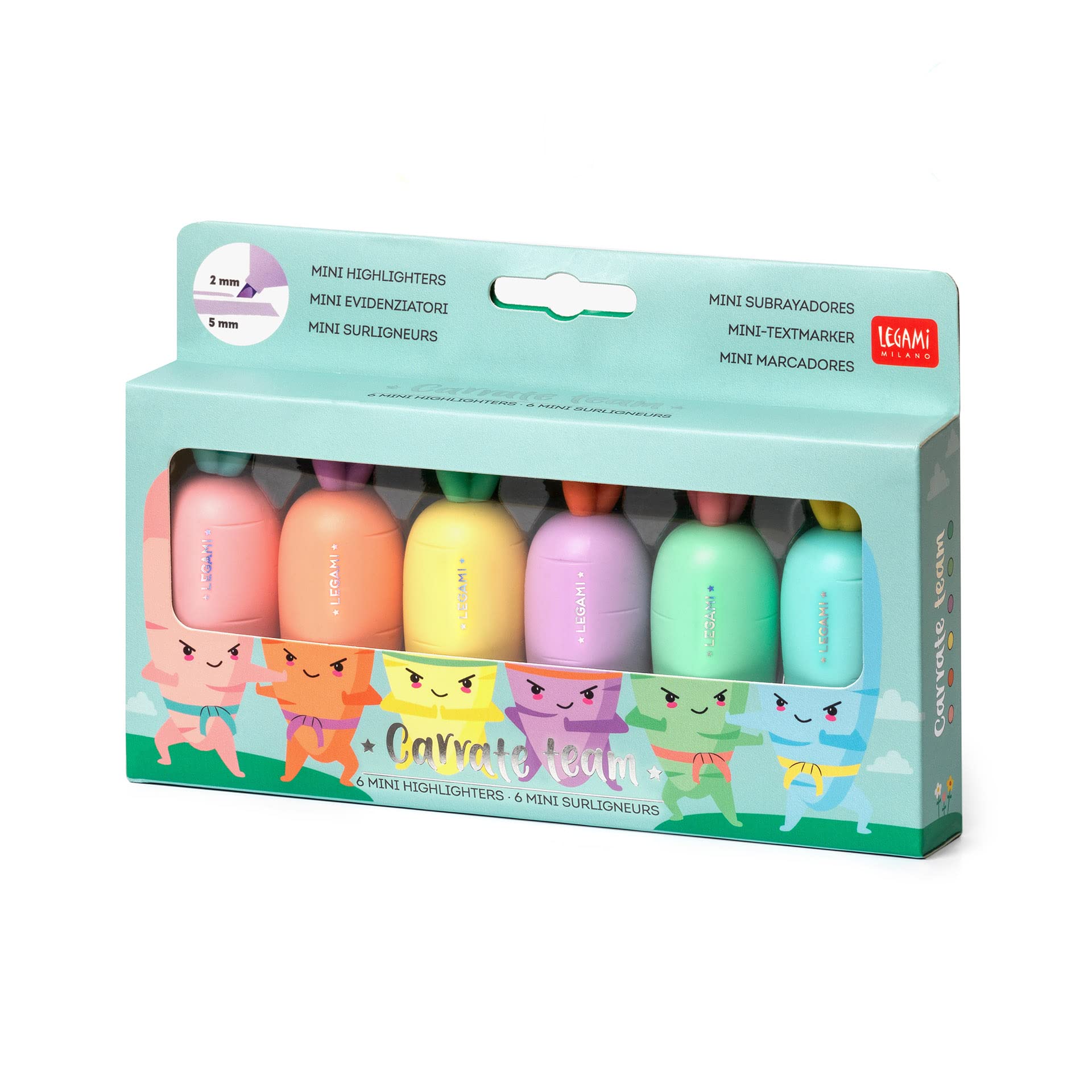Legami HC0001 Set of 6 Mini Highlighters, Carrate Team, Carrot Shape Highlighters, Water Based Inks, for Fine and Thick Lines, Pastel Colours, Quick Drying