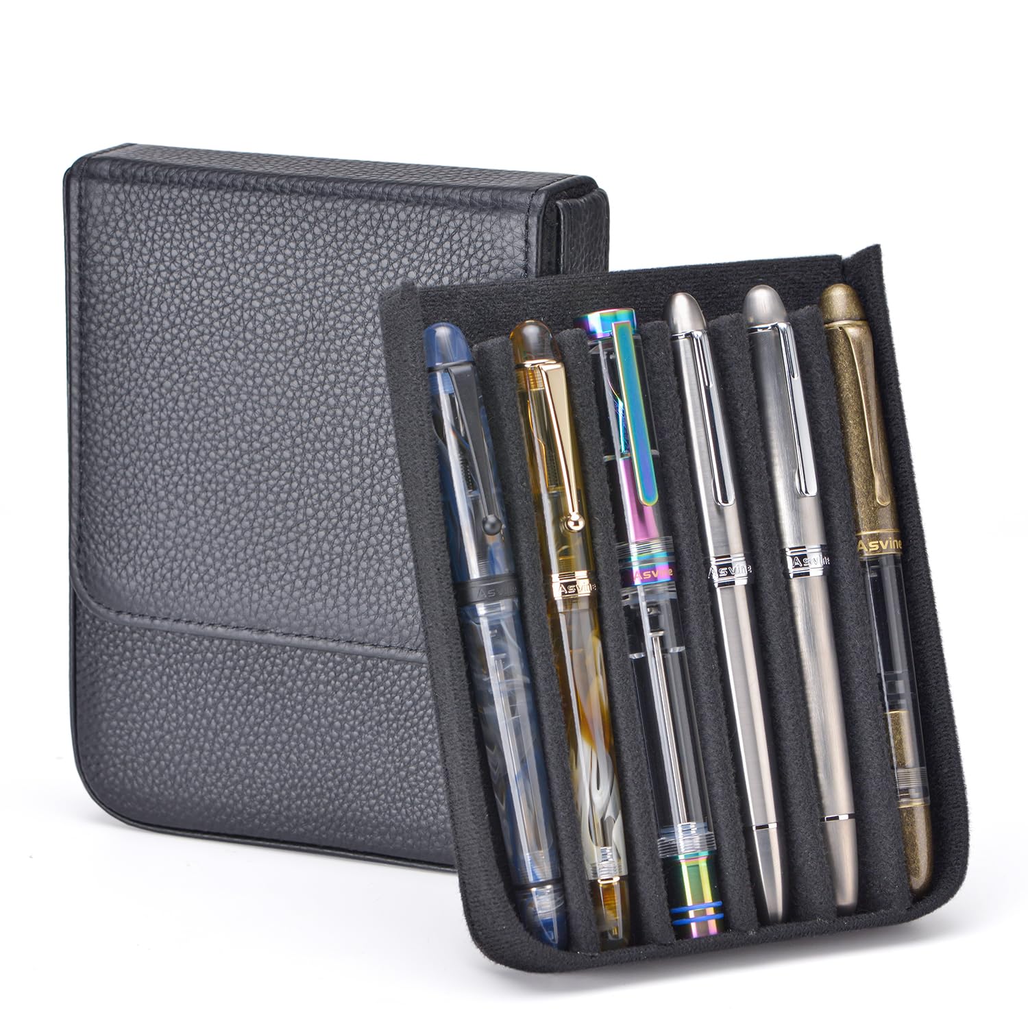 Lanxivi Fountain Pen Cover Genuine Leather Organizer Portable Pen Pouch Drawer Style, Black-6 Slots, 6 Slot, 6 Slots