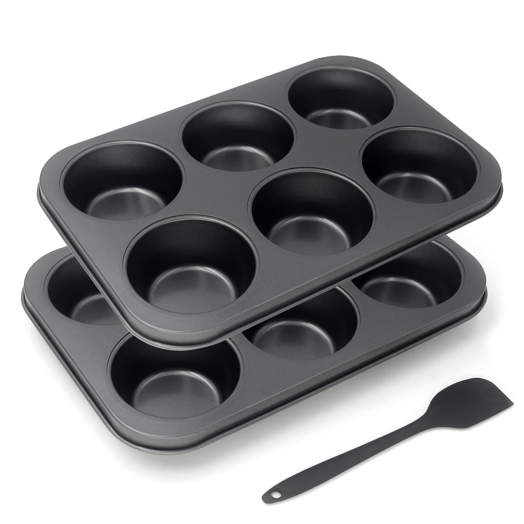 Bakexcel Non-Stick Jumbo Muffin Pans, 6-Cup Set of 2 Baking Pans with a Spatula for Extra-large Muffins & Cupcakes