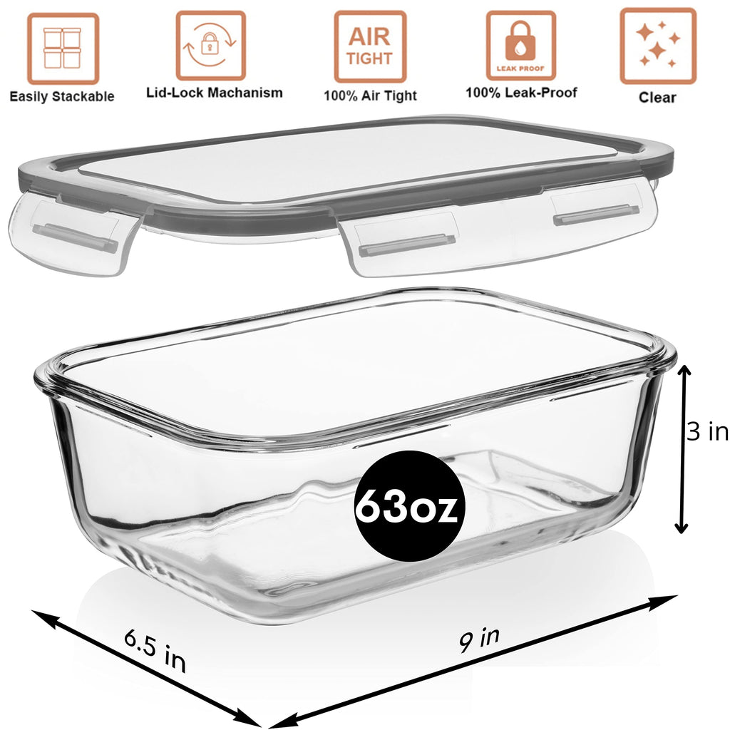 Razab 8 Cups / 63 Oz 2 Pack Large Glass Container Food Storage with Lids - Leakproof, BPA-Free Large Glass Meal Prep Container Ideal for Roasting Turkey, Store Leftover - Microwave & Oven Safe