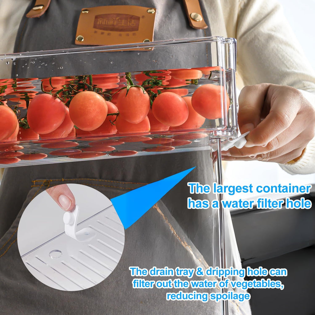 Pure Future 10-Pack Fridge Organizers and Storage with Lids - Clear Plastic Refrigerator Bins with Drain Trays - Stackable Produce Saver for Fruit, Veggies and Pantry, BPA-Free