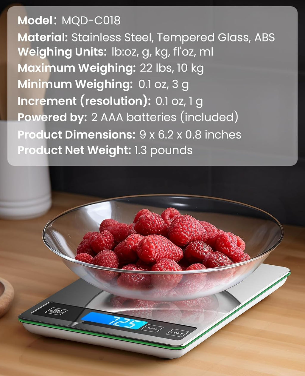 Nicewell Food Scale, 22lb Digital Kitchen Scale Weight Grams and oz for Cooking Baking, 1g/0.1oz Precise Graduation, Stainless Steel and Tempered Glass