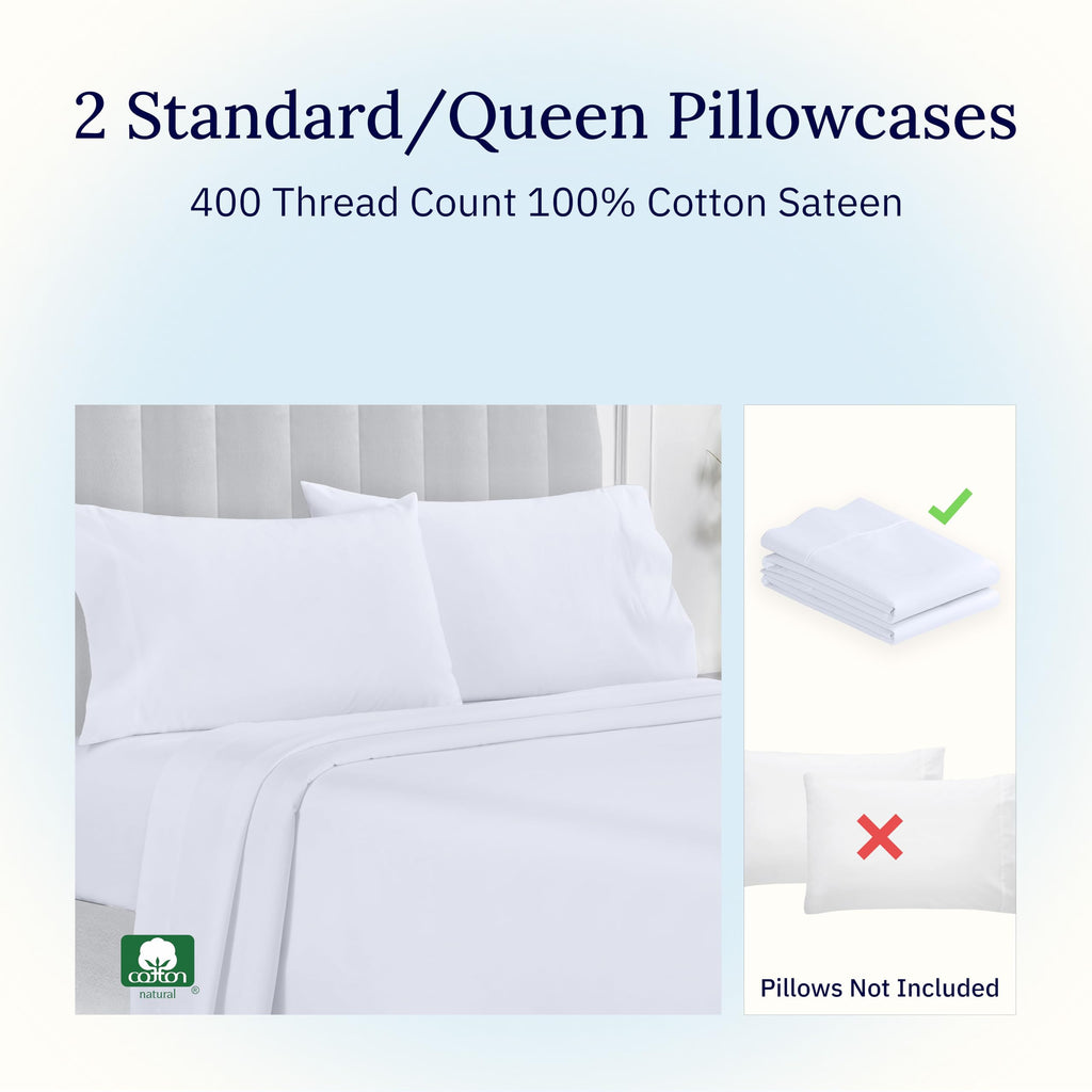California Design Den Standard Queen Size Pillowcase Set - 400 Thread Count, 100% Cotton Sateen, Set of 2 Pillow Covers, Breathable, Cooling, Soft for Quality Sleep - Bright White