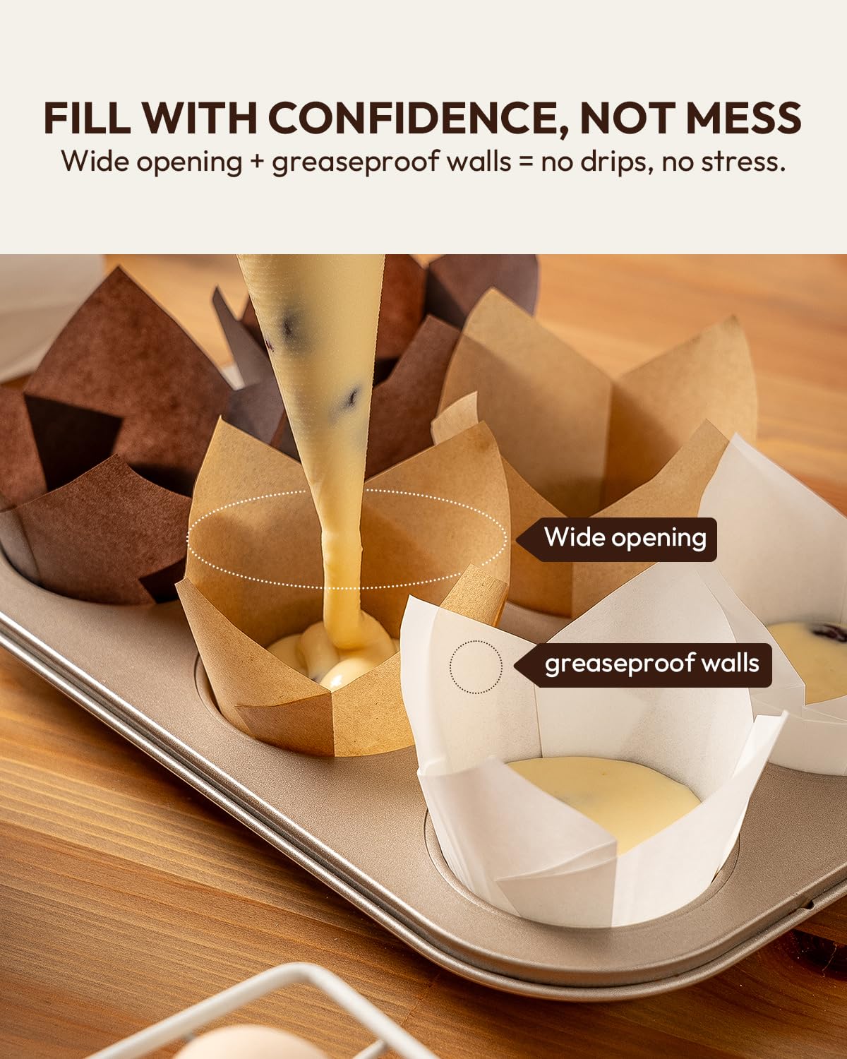 OvenDelite Tulip Cupcake Liners Natural 200PCS - Unbleached Parchment Muffin Liners, Non-Fade Oven-Safe, Brunch & Cafe Style Baking Cups