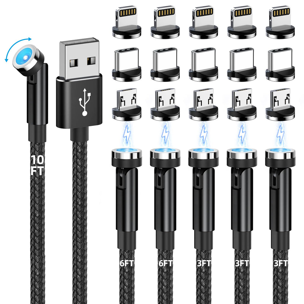Magnetic Charging Cable, 540° Rotating Phone Charger [6-Pack, 3ft/3ft/3ft/6ft/6ft/10ft] 3 in 1 USB Cable Nylon Braided for iProduct/Micro USB/Type C Device