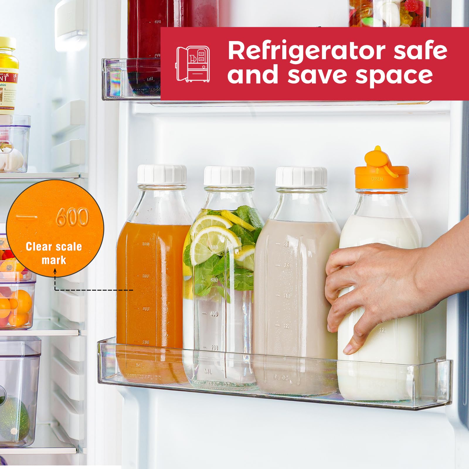 Dwbligt 32 Oz Reusable Glass Water Bottles with Silicone Dispenser Cap, 2 Pack Milk Jugs with Airtight Screw Lids, Leak Proof Glass Juice Bottles with Scale Marks for Fridge