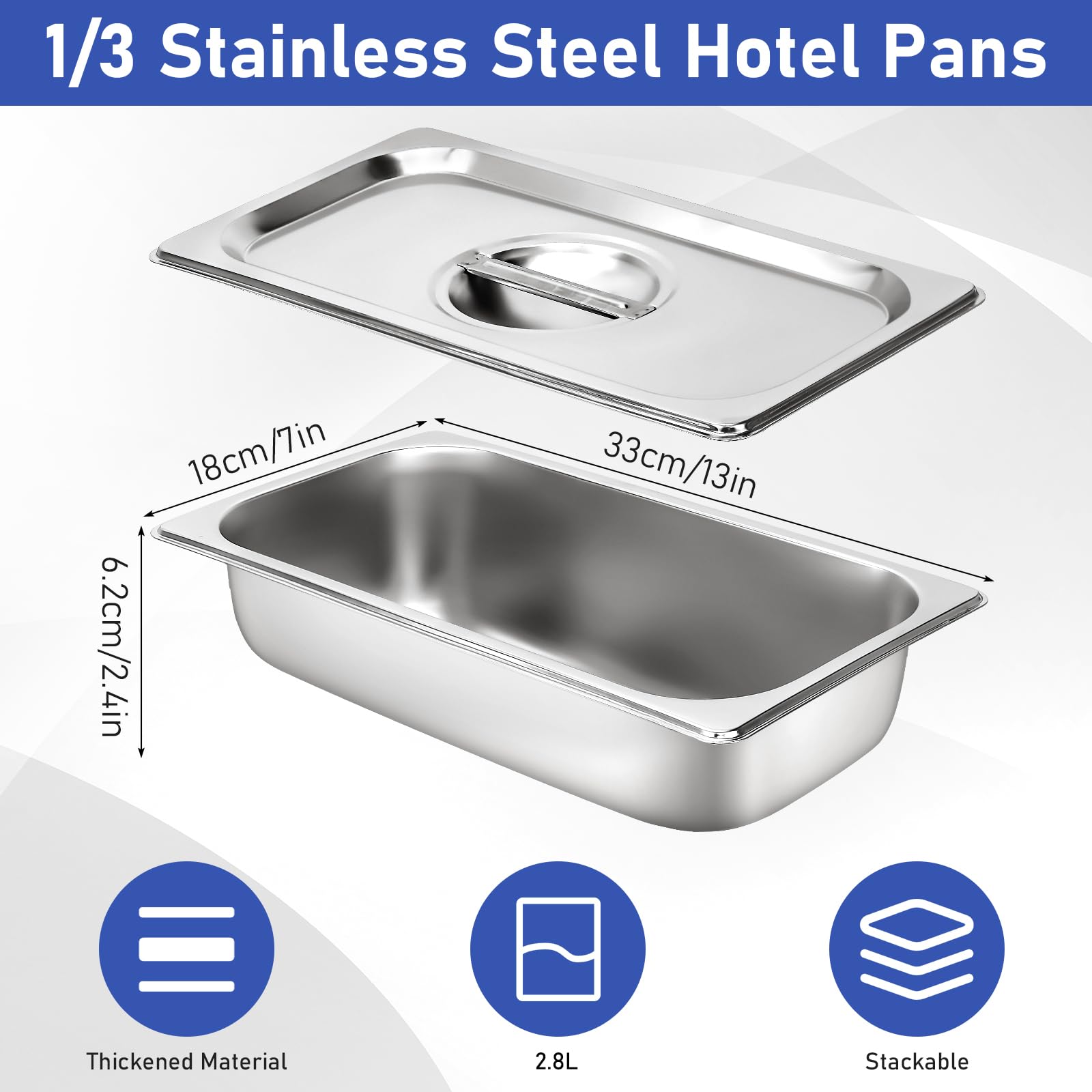Breading Bowls Set of 3 GN 1/3 Containers, 13 x 7 x 2.5 Inch Breading Set for Chops, Gastronorm Containers Stainless Steel with Lid, Cutlets Meat Fish - Metal Breading Road Rectangular