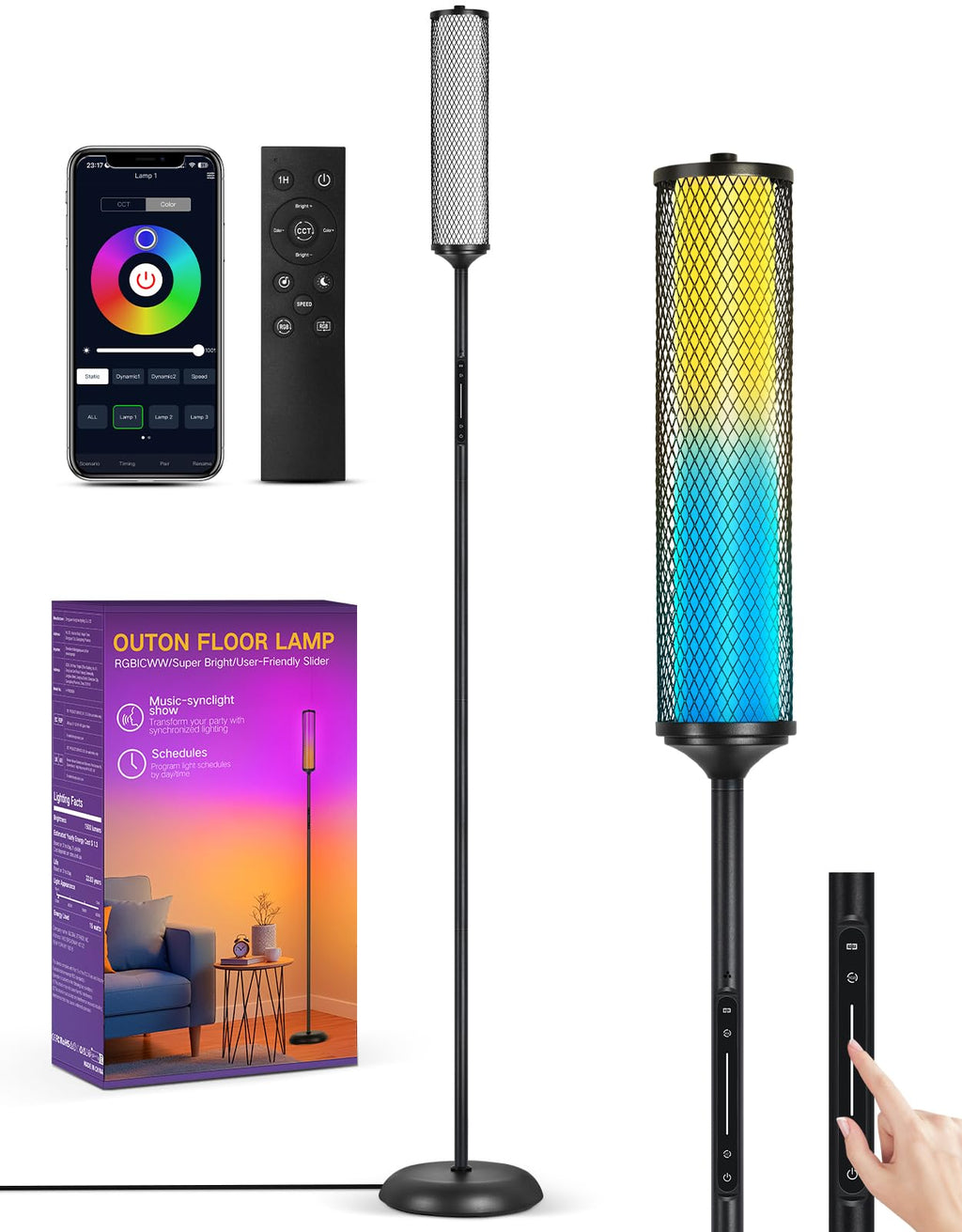 OUTON Bright Smart Floor Lamp with Remote, App & Touch Control, RGB Color Changing Standing Lamp, 2200K-6500K Dimmable, 3 Adjustable Heights, 32 Scenes for Living Room Bedroom Office,Black & Metal