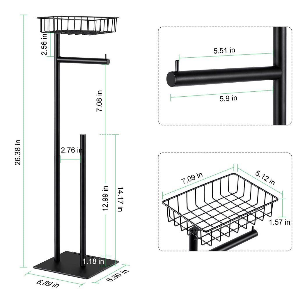 Toilet Paper Holder Stand Free Standing Toilet Paper Roll Holder with Storage Basket Industrial Tissue Holder Dispenser for Bathroom,Matte Black