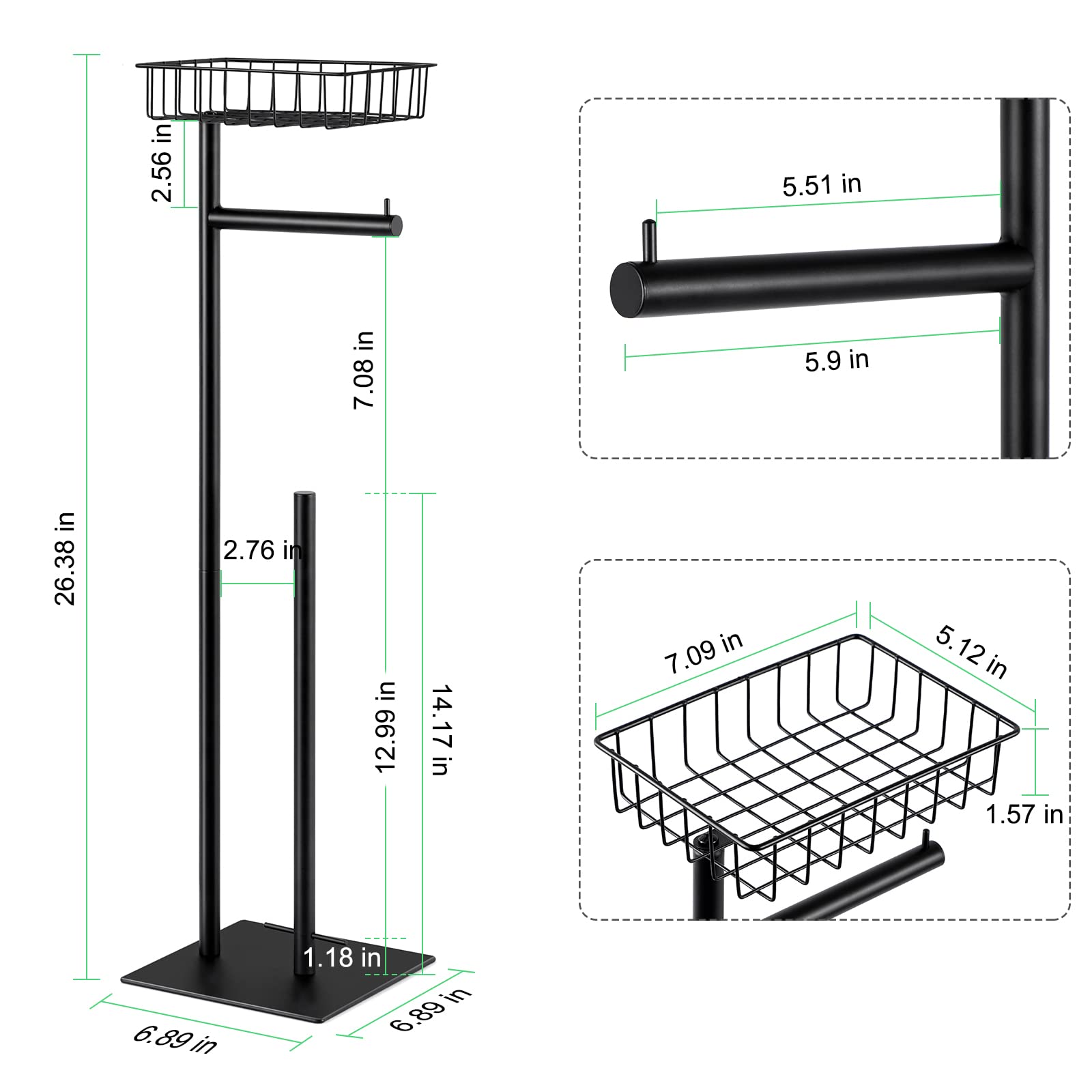 Toilet Paper Holder Stand Free Standing Toilet Paper Roll Holder with Storage Basket Industrial Tissue Holder Dispenser for Bathroom,Matte Black