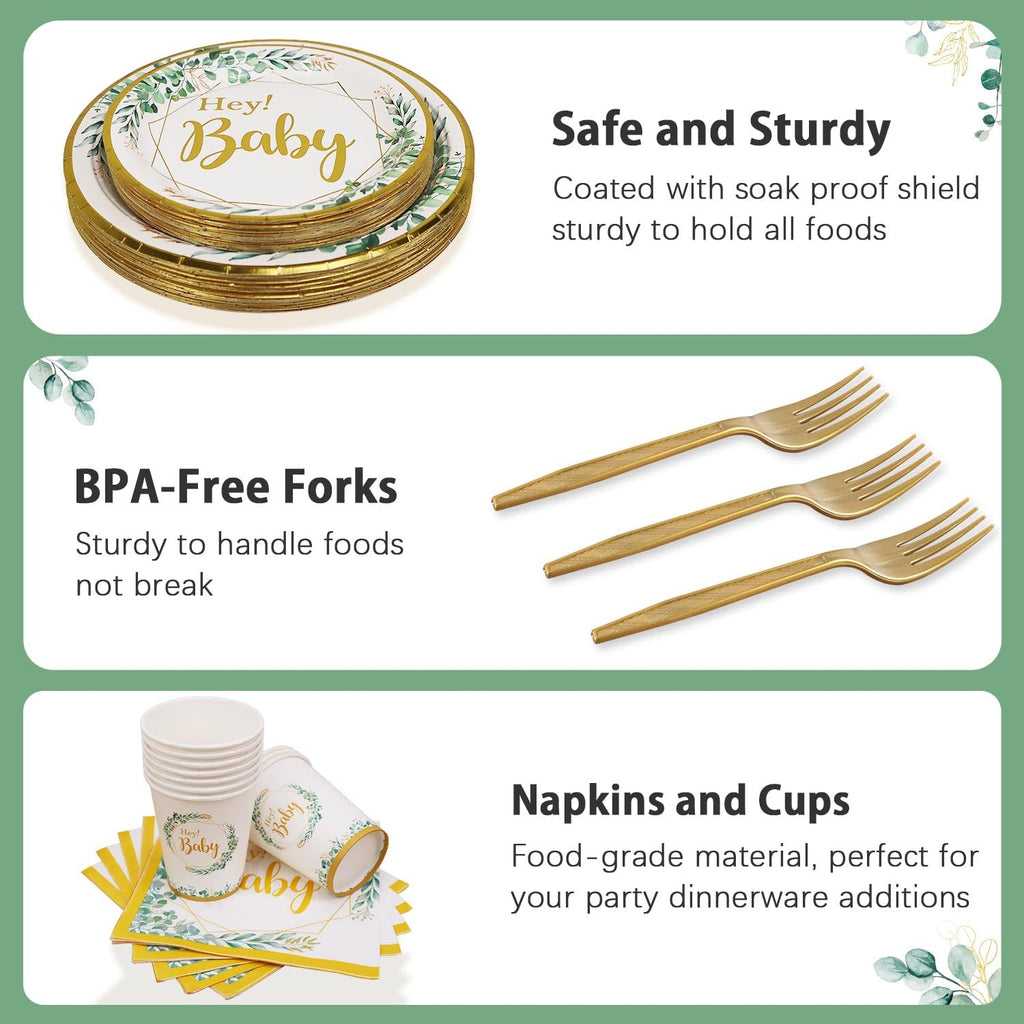 125pcs Sage Green Baby Shower Decorations for Boy or Girl - Neutral Tableware Set for 25 Guests | Eucalyptus Gold Foil Plates Cups and Napkins Straws Cutlery for Welcome Baby Fille Party Supplies