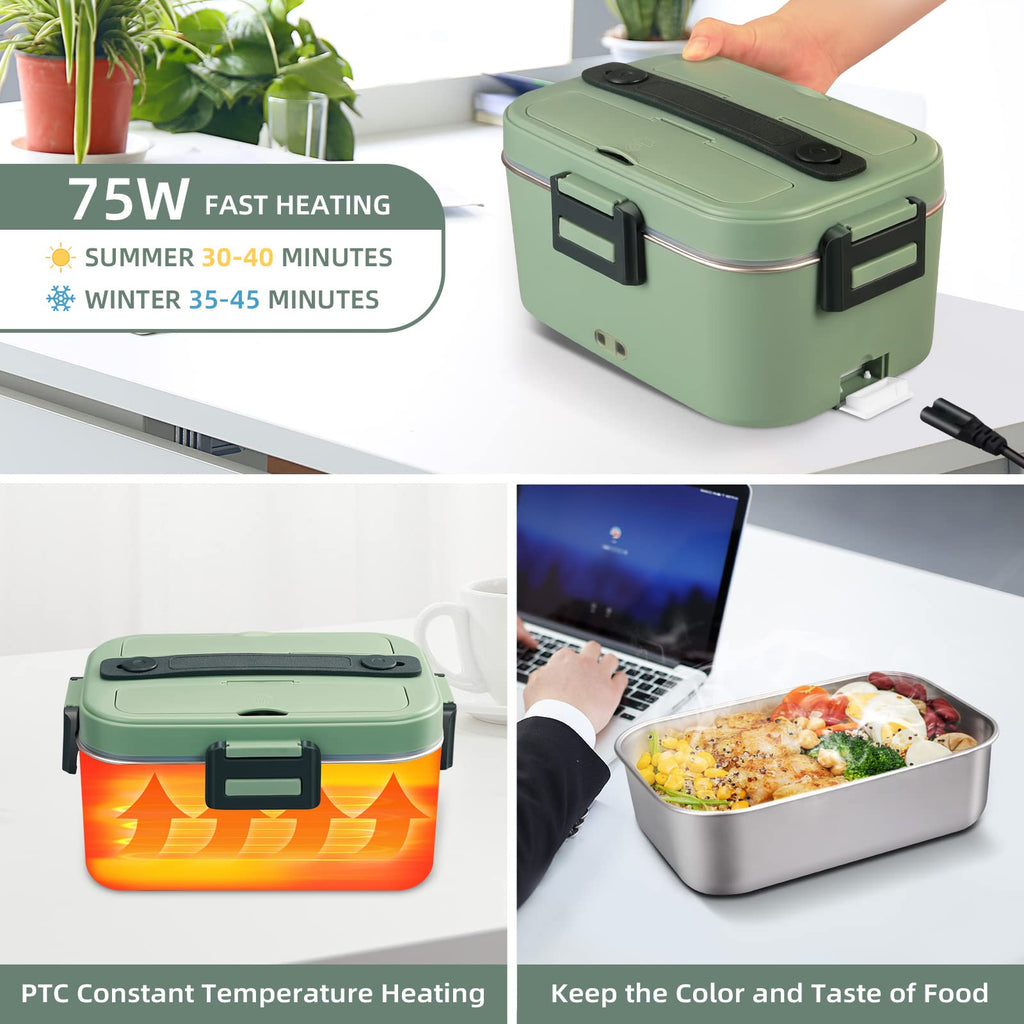 [2024 Upgraded] 75W Heated Lunch Box Men, 1.8L Large Capacity Electric Lunch Box for Adults/Work/Car/Office, 3 in 1 12V/24V/110V Food Warmer Lunch Box with Fork/Spoon and Insulated Carry Bag