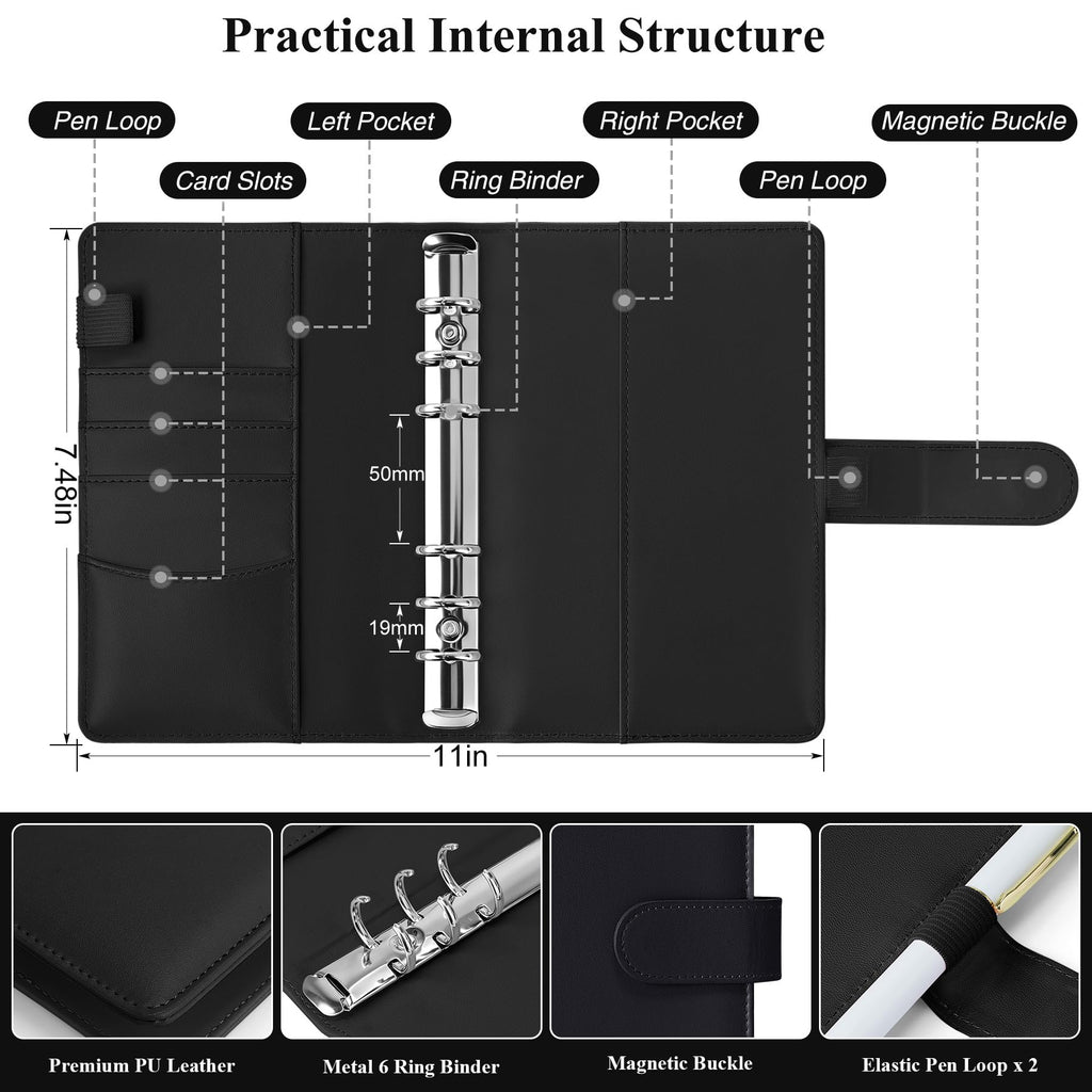 Antner Budget Binder with Zipper Cash Envelopes for Budgeting, A6 Money Saving Organizer, Black