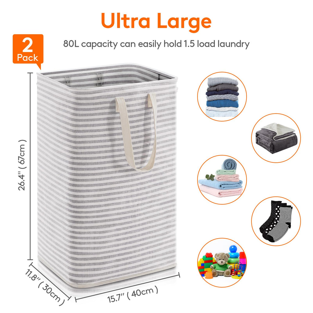 Lifewit 2-Pack 80L Freestanding Laundry Hamper, Large Collapsible Laundry Baskets with Easy Carry Extended Handles, Waterproof Clothes Hamper in Bedroom, Bathroom, Laundry Room, College Dorm, Grey