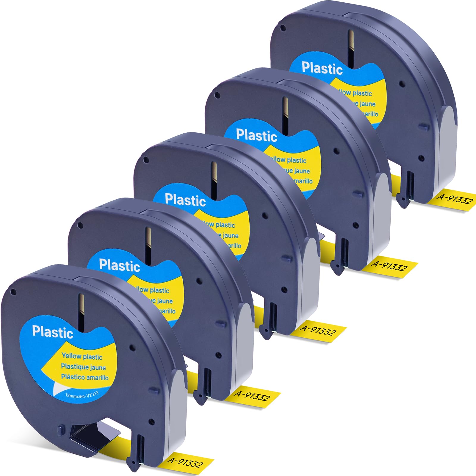 5PK Compatible with Dymo Letratag Refill 91332(S0721620) LT Label Tape Plastic Cassettes for DYMO LetraTag LT-100H LT-100T Plus QX50 Label Makers,Black on Yellow,1/2"x 13"(12mmx4m)