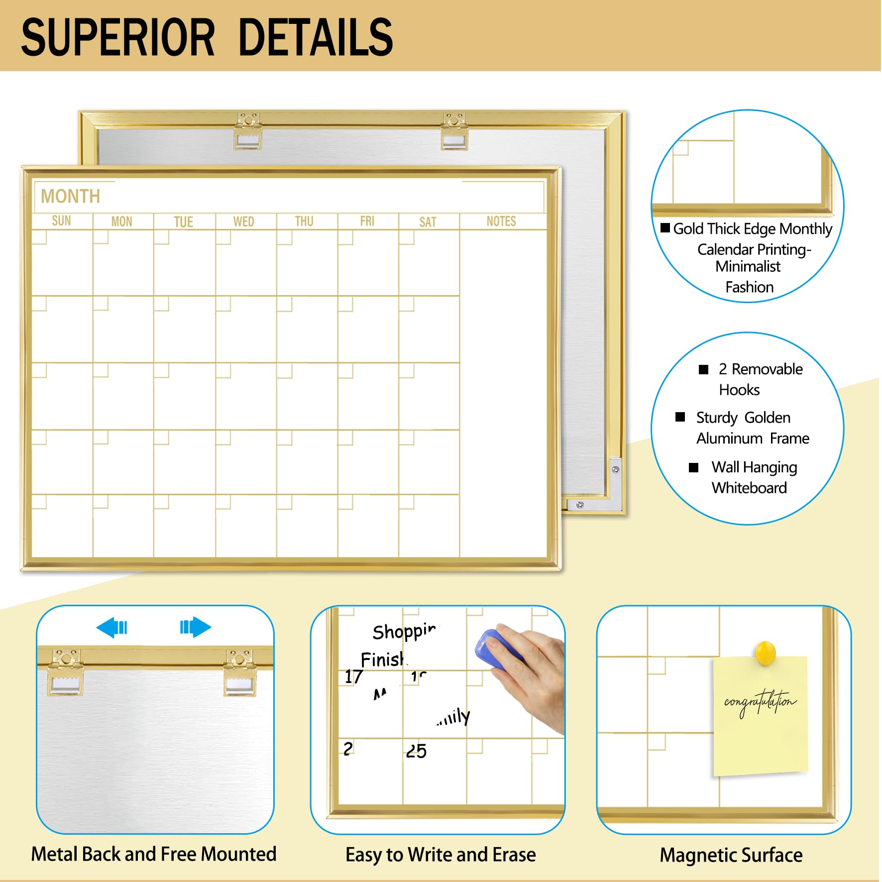 Marribol Golden Monthly Dry Erase Calendar Whiteboard for wall-40x30cm Portable Aluminum Frame,Magnetic Calendar White Board,Wall Planner Dry Erase Board for Office, Kitchen, School, Home-GG-CA