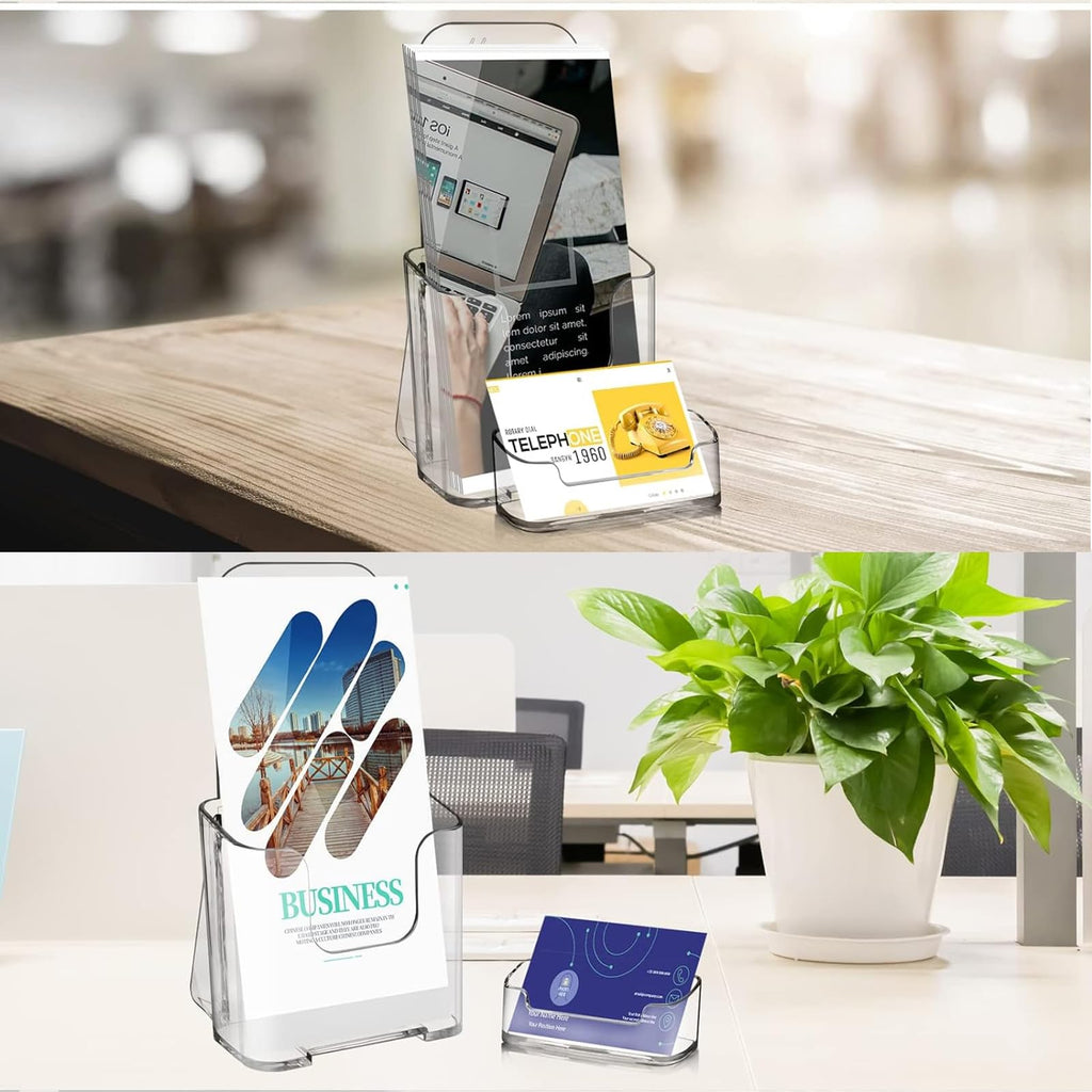 MYLEUS 4Pcs Acrylic Brochure Holder with 4 Business Card Holder, Office Tabletop Wall Mount Organizer, Brochure Display Stand, Trifold Holder Stand, Menu,Booklet, Literature, Display for Countertop