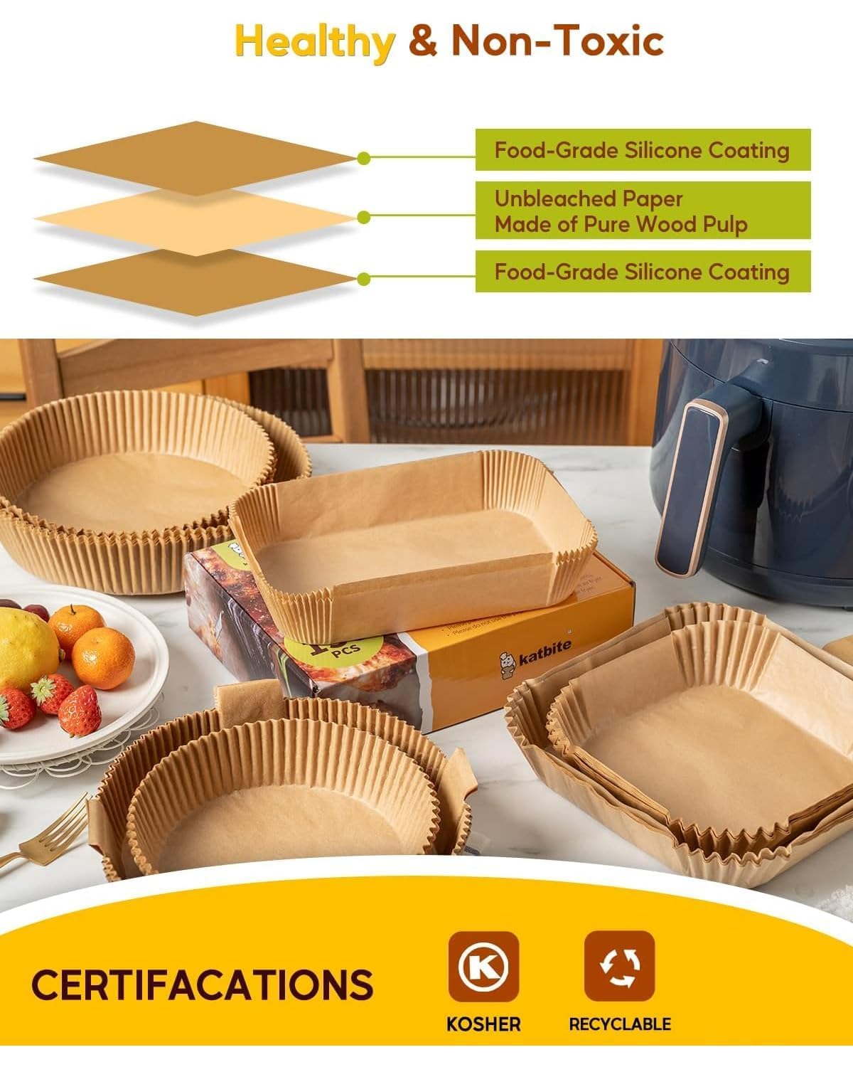 Katbite 220PCS Rectangle Air Fryer Liners, 8.6x5.5'' Air Fryer Liners Disposable for Ninja Dual Air Fryer, Oil-Proof Air Fryer Parchment Paper Liners for Air Fryer Basket for Foodi DZ201, DZ401, FG551