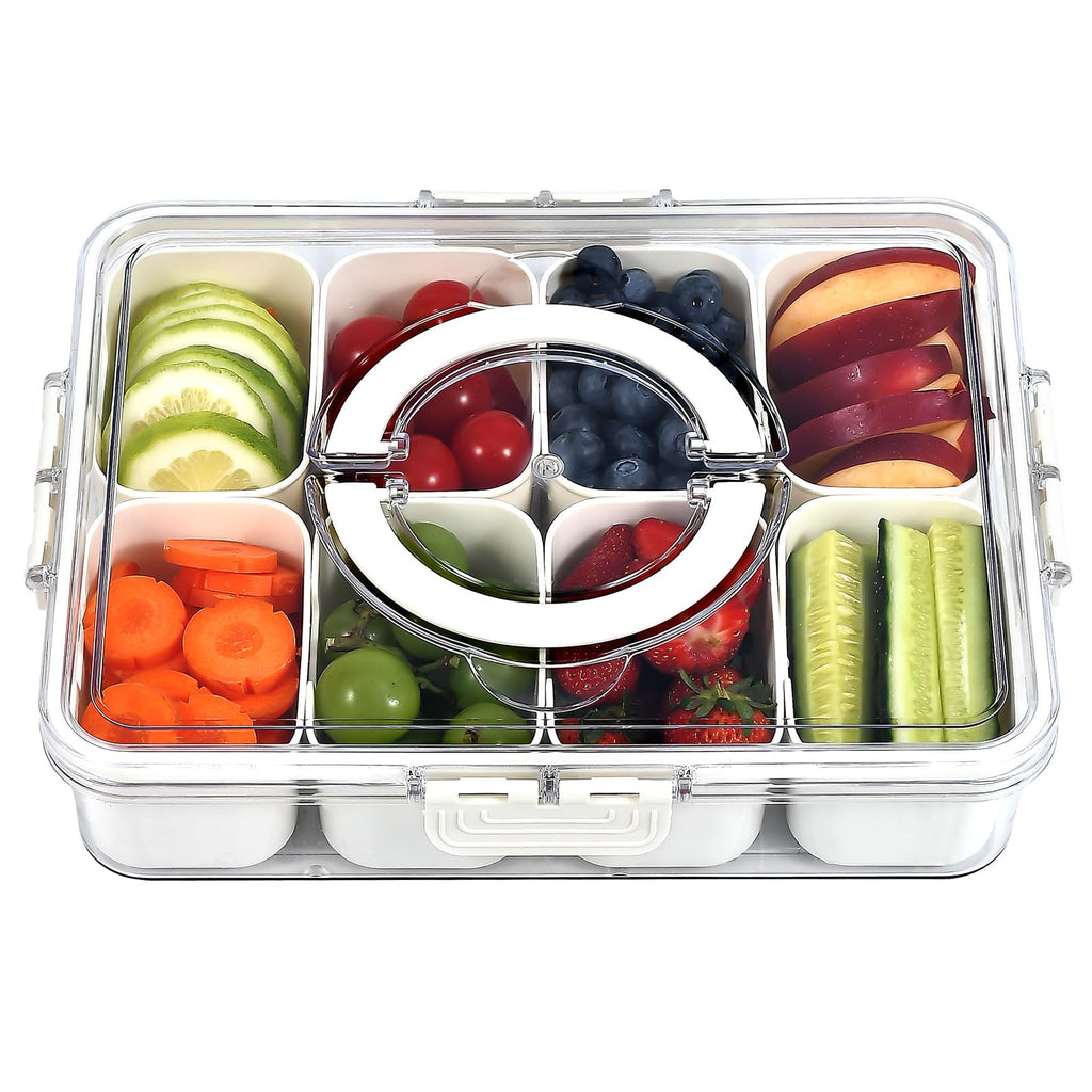 Snackle Box 8 Compartment Divider Box, Divided Serving Tray with Lid and Handle - Charcuterie Container for Portable Snack Platters - Clear Organizer for Candy, Fruits, Nuts - Perfect for Party