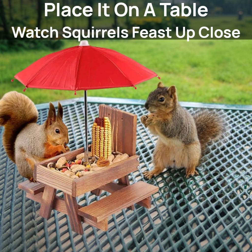 MTSBDM Squirrel Feeder Picnic Table with Umbrella and Corn Cob Holder, Outdoor Wildlife Chipmunk Feeder, Unique Garden Gift for Squirrel & Chipmunk Lovers