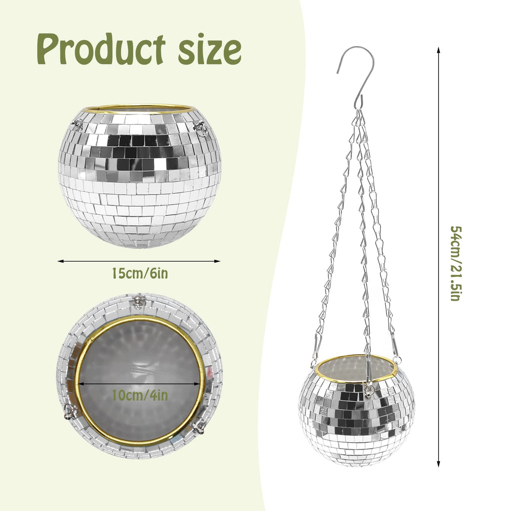 Anxingo Disco Ball Planter with Chain, 6" Hanging Disco Ball Planter with Chain Mirror Disco Plant Holder Plant Pot Hanging Flower Pot Gardening Pots for Indoor Outdoor Plants, 6 inch, Sliver
