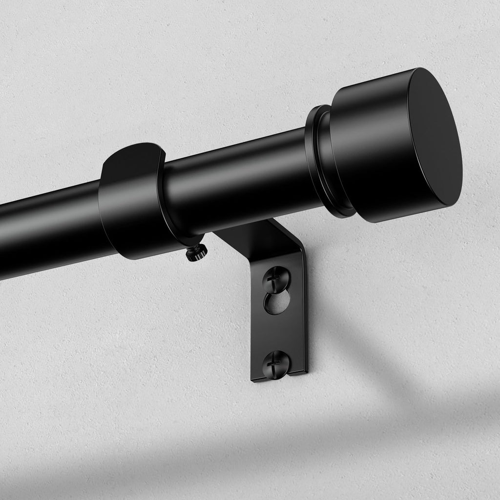 Modern Black Curtain Rods for Windows 48 to 84 Inch, 1" Diameter Adjustable Heavy Duty Window Treatment Rods with Matte Black End Cap Finials, Decorative Drapery Rods, Easy Installation