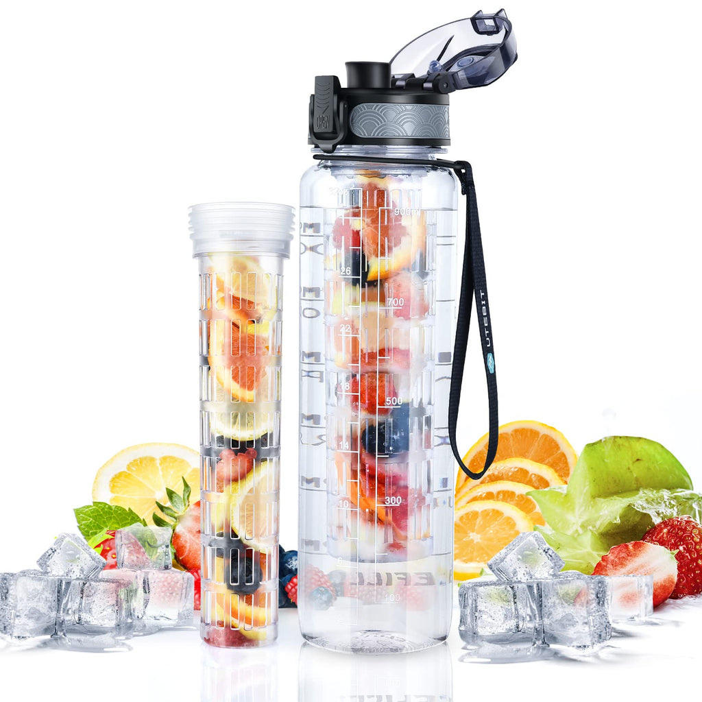 UTEBIT Fruit Infuser Water Bottle, 32 OZ Tea Infuser Bottle, Sports Water Bottle With Straw, BPA Free Leak Proof Tritan Large Water Jug,Men Women's Ideal Fitness Gift Or For Gym, Camping