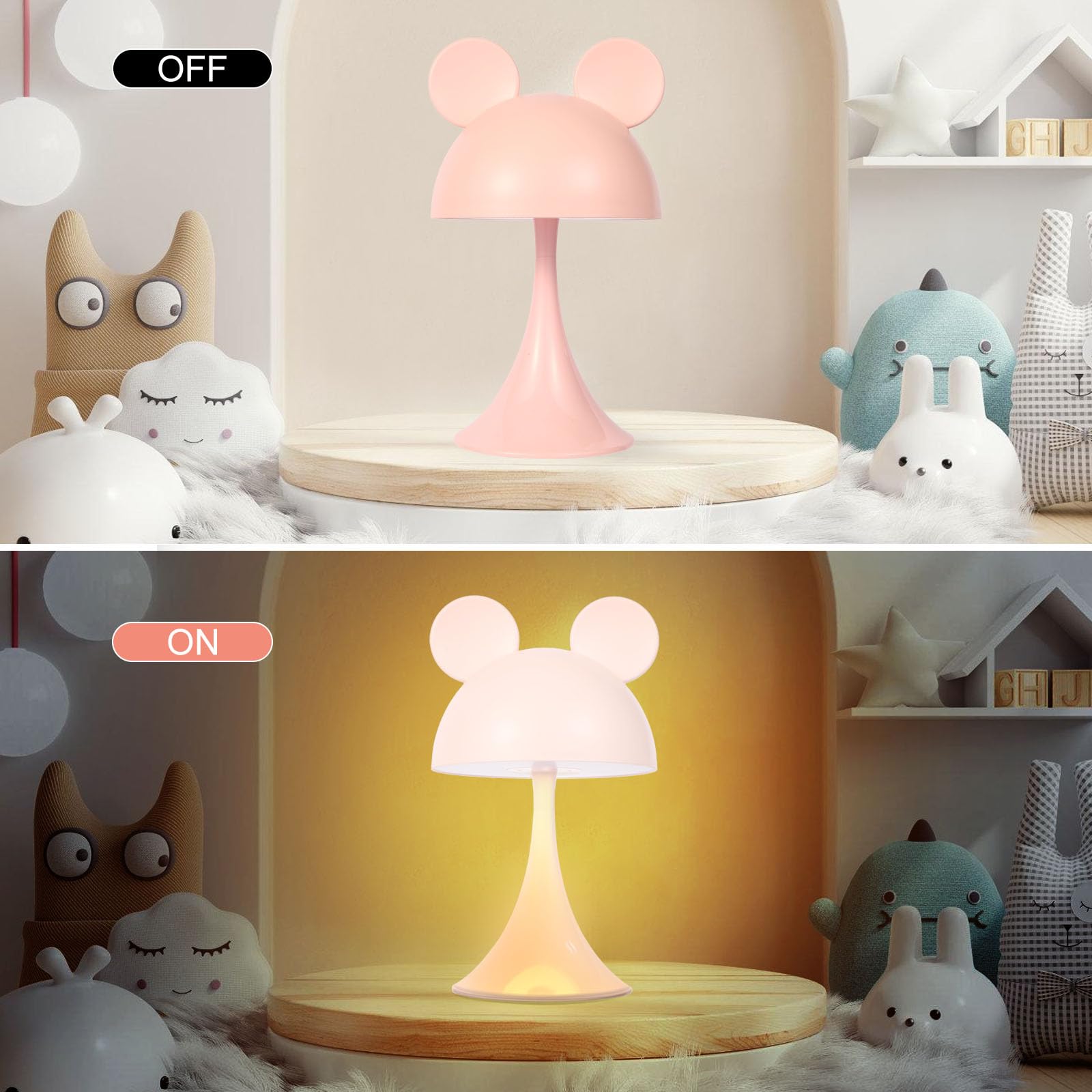 MARZIUS Rechargeable Mouse-Shaped LED Bedside Lamp – Kids Room Night Light with Touch Dimming & 3 Color Temperatures (Pink)