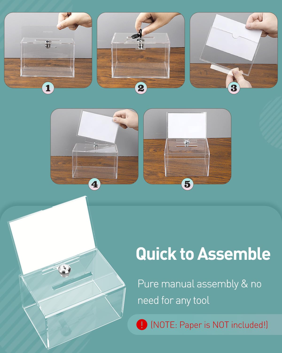 Uniclife Acrylic Donation Box for Fundraising, Clear Suggestion Box with Slot and Lock, Plastic Storage Container with Sign Holder, Ballot Boxs for Charity Tip Collection, 6.3" x 4.6" x 4"