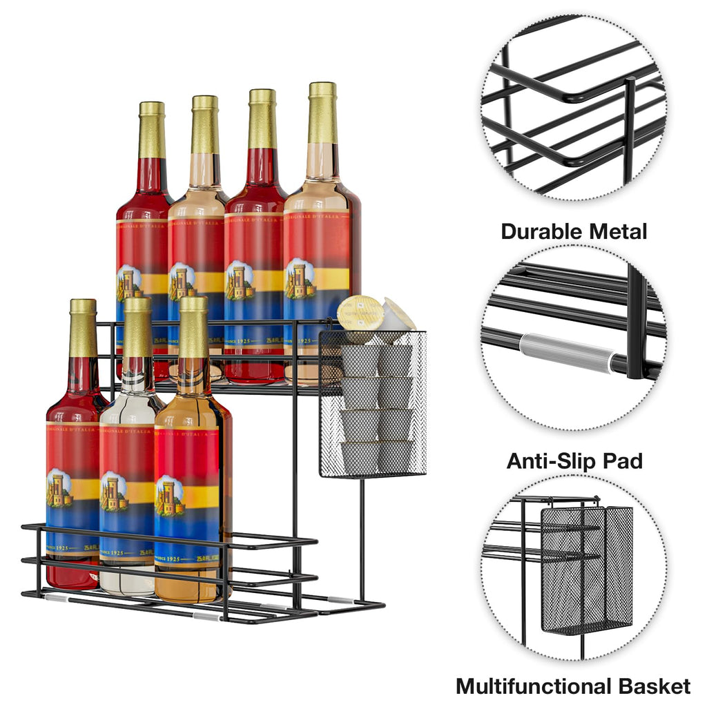 OVICAR Coffee Syrup Storage Rack - 8 Coffee Bottle Holders and Station Accessories with Straw and Pod Basket, 2 Tier (Black)
