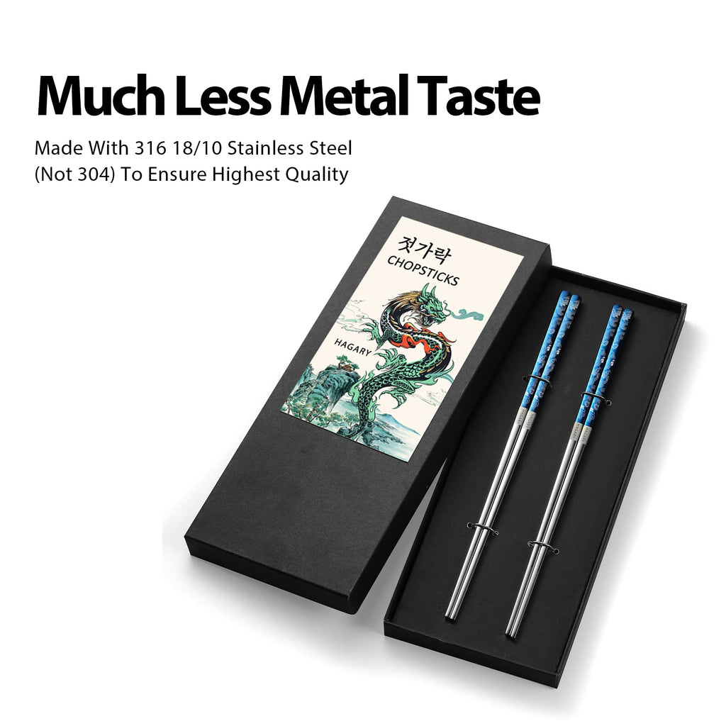 Hagary Dragon Chopsticks Metal Reusable Designed In Korea Japanese Style Stainless Steel 316 18/10 Non-Slip Dishwasher Safe Laser Etched (Blue - 2 Pairs)