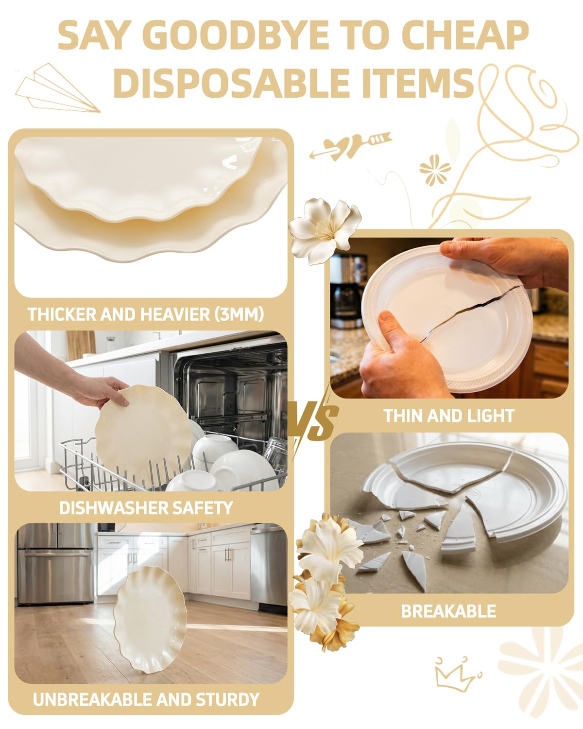 LIYH 24 Pcs Plastic Plates Reusable, Unbreakable Scalloped Plastic Dinner Plates, Dishwasher Safe, Ivory Plate Sets Perfect for Parties, Birthday, Picnics, BPA Free (12Guests)