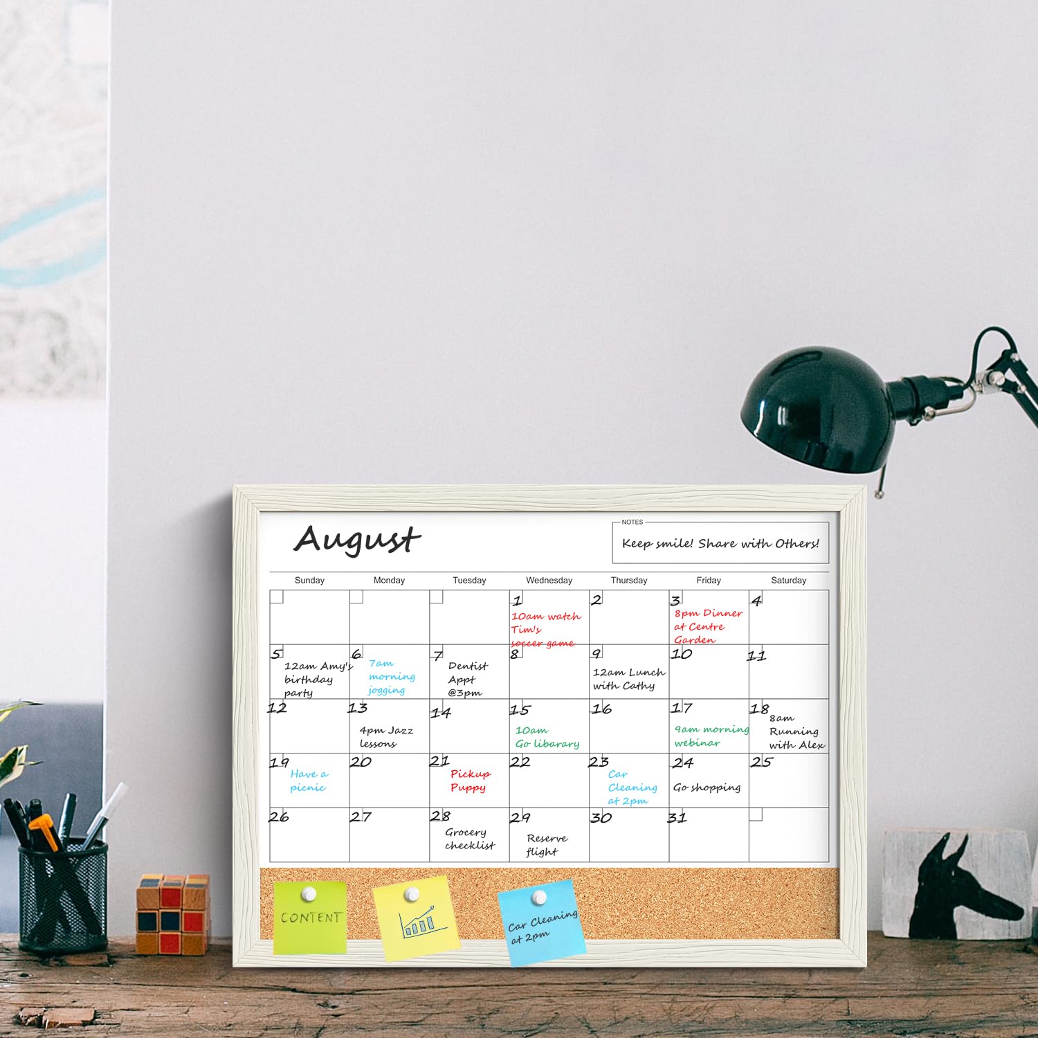 TANKEE 17"x13" Whiteboard Calendar Cork Board Combo, Magnetic White Board Monthly Calendar with Wood Framed, Hanging Dry Erase Board for Kitchen Home Office Planner