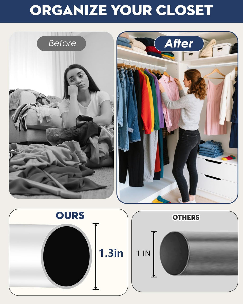 ASULUPHY Heavy Duty Closet Rod, 17-39 in Adjustable Closet Bar For Hanging Clothes, Telescopic Metal Closet Pole, Ideal for Laundry, Wardrobe, RV, Cloakroom, Bathroom-White