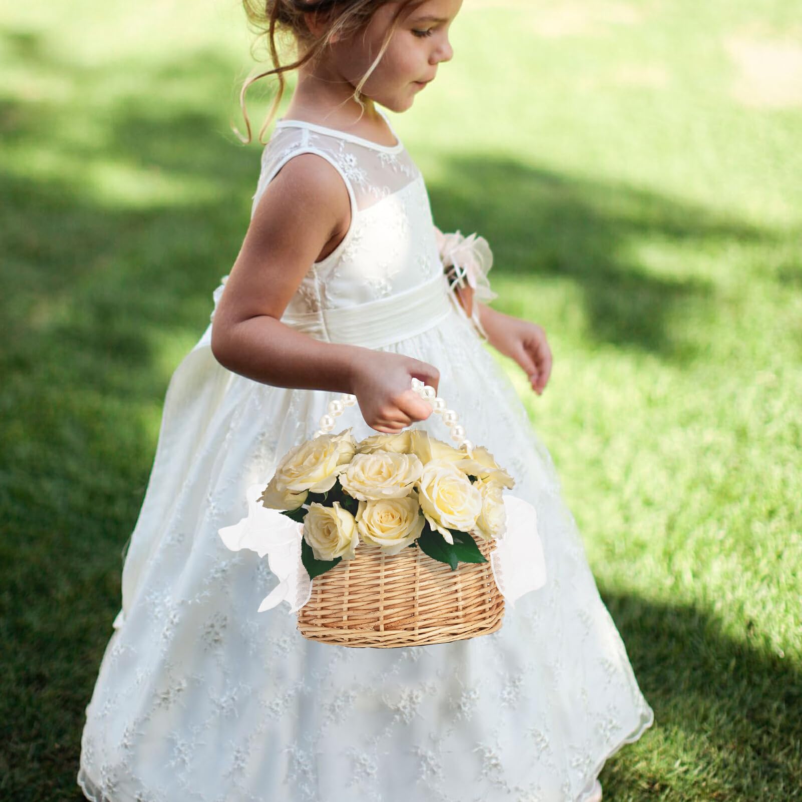 Wicker Rattan Flower Girl Basket Set of 2 Rustic Wedding Flower Girl Basket with Pearl Handle Small Flower Basket for Flower Girl Fairy Wedding Basket Handwoven Easter Baskets for Boys Girls Wedding