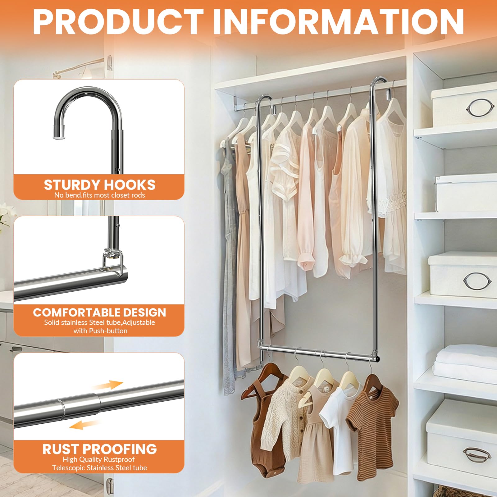 Hanging Closet Rod, Adjustable Height & Width Closet Rods for Hang ing Clothes-Closet Extender Rod Space-Maximizing Design Suitable for Hanging and Drying Clothes, Silver