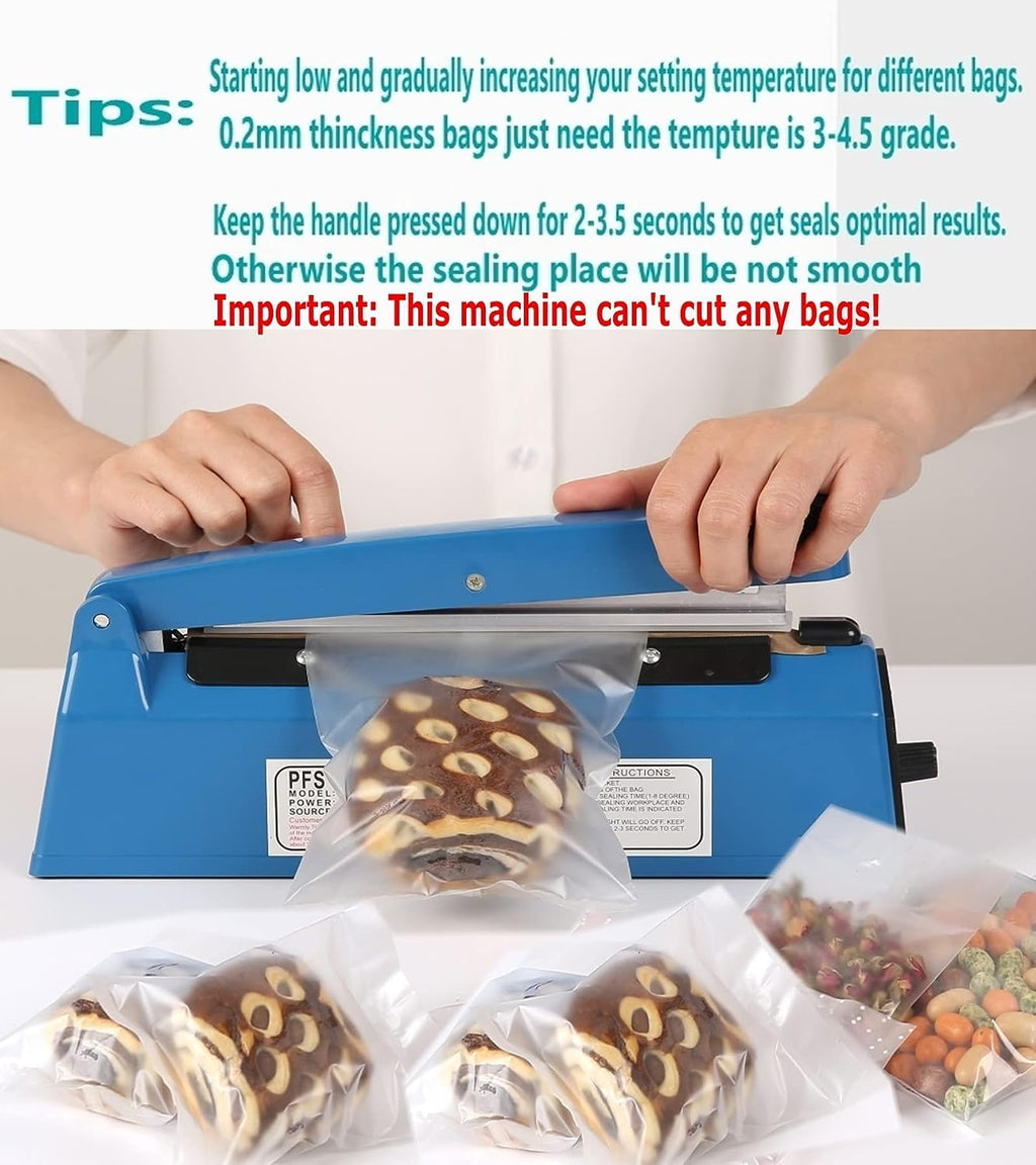Impulse Heat Sealer Manual Bags Heat 8/12 Inch Impulse Sealing Machine for Plastic PE PP Bags with Extra Replace Element Grip (200mm, Blue)