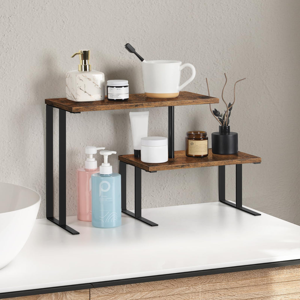 Shinoske Desk Shelf Organizer,15.7" Adjustable Corner Shelf Organizer,2-Tier Small Desktop Bookshelf,Spice Rack,Home Office Wood Display Shelf,Rustic Brown