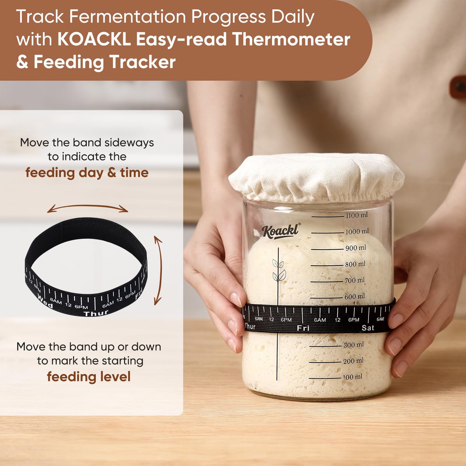 KOACKL Sourdough Starter Jar, 40oz/1200ml Sourdough Starter Kit with Magnetic Bread Lame, Thermometer, Long Scraper, Cloth Cover & Lid for Sourdough Bread Baking Supplies