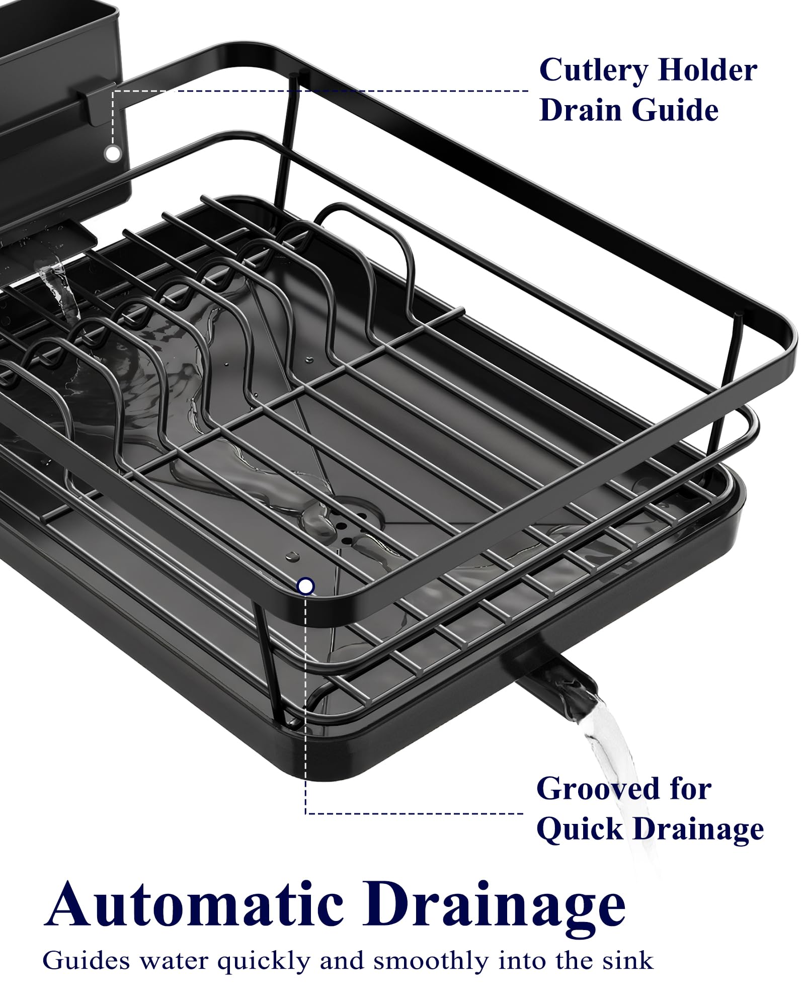 Kitsure Dish Drying Rack - Space-Saving Kitchen Counter Organizer with Cutlery Holder, Over Sink Stainless Steel Dish Rack, 29 x 38cm, Black