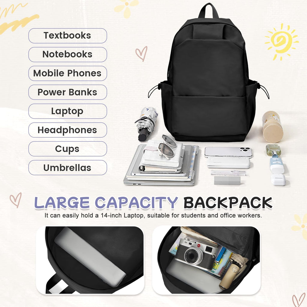 School Backpack for Women Men College High School Bag for Boys Girls Casual Daypack Laptop Backpack Waterproof Black Bookbag