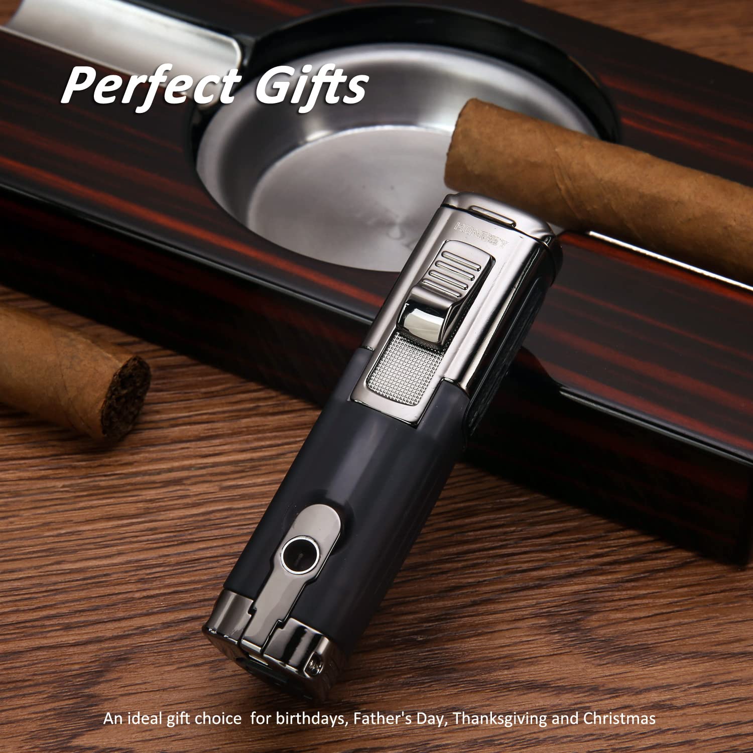 Honest Torch Lighter Triple 3 Jet Flame Gas Butane Refillable Turbo Lighter with Ciagr Punch and Butane Window (Grey-C)