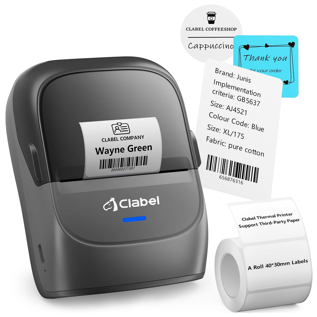 CLABEL Label Maker Machine: 221B Thermal Bluetooth Label Printer Barcode Portable Printer Wireless Sticker Maker Machine for Small Business Compatible with 1 Roll 40x30mm Upgrade Label (Gray)