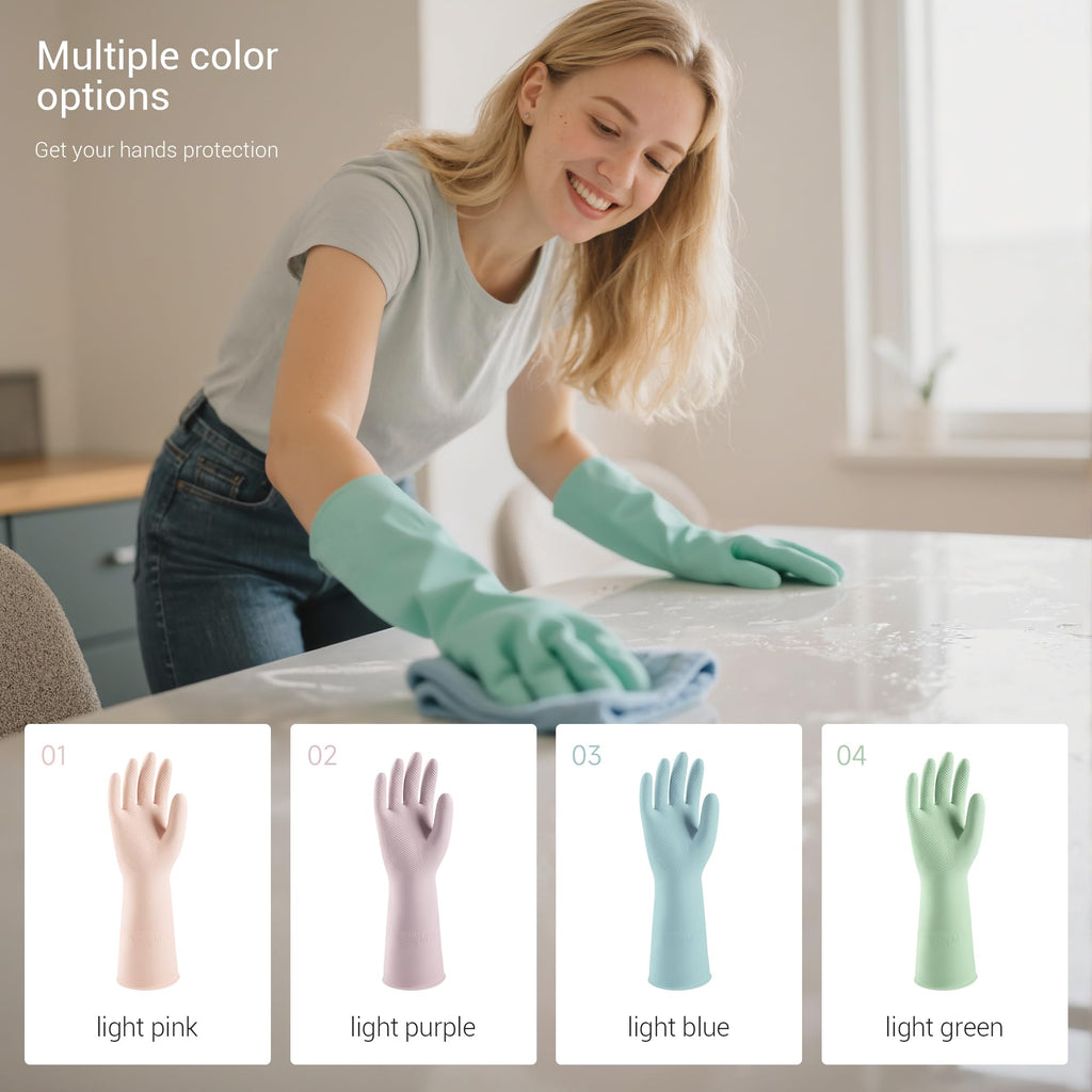 ThxToms 4 Pairs Reusable Rubber Gloves, 13" Natural Latex, 10mil Thick Heavy Duty Dishwashing & Cleaning Gloves, Non-Slip Grip, Multi-Color, Ideal for Kitchen, Bathroom, Car, & Garden Cleaning, Large