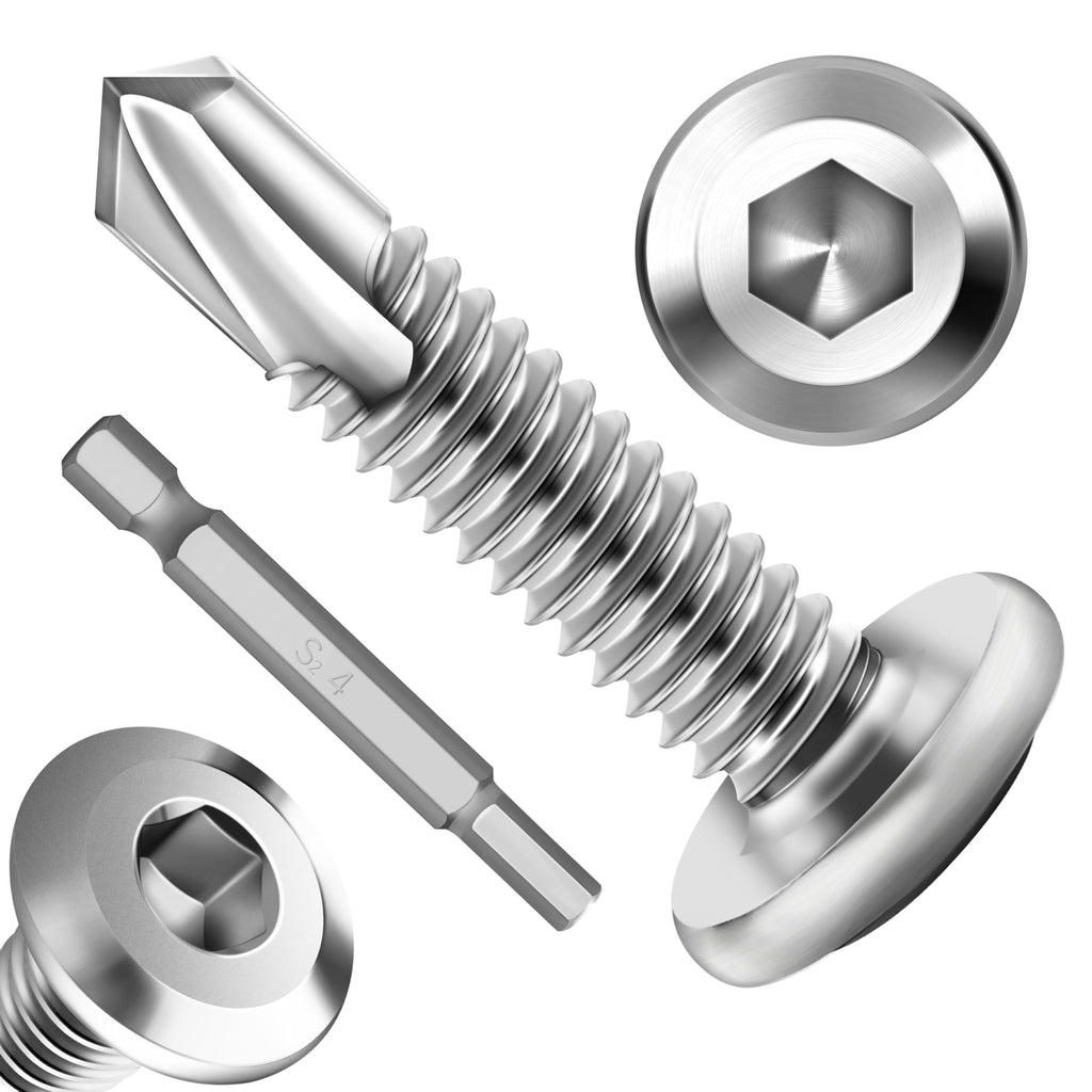 EASTPUK 100Pcs 10 x 1 Sheet Metal Screws, Stainless Steel Flat Head Socket Cap Self Drilling Screw, Allen Socket Drive, Self Tapping Screws with Drill Bit