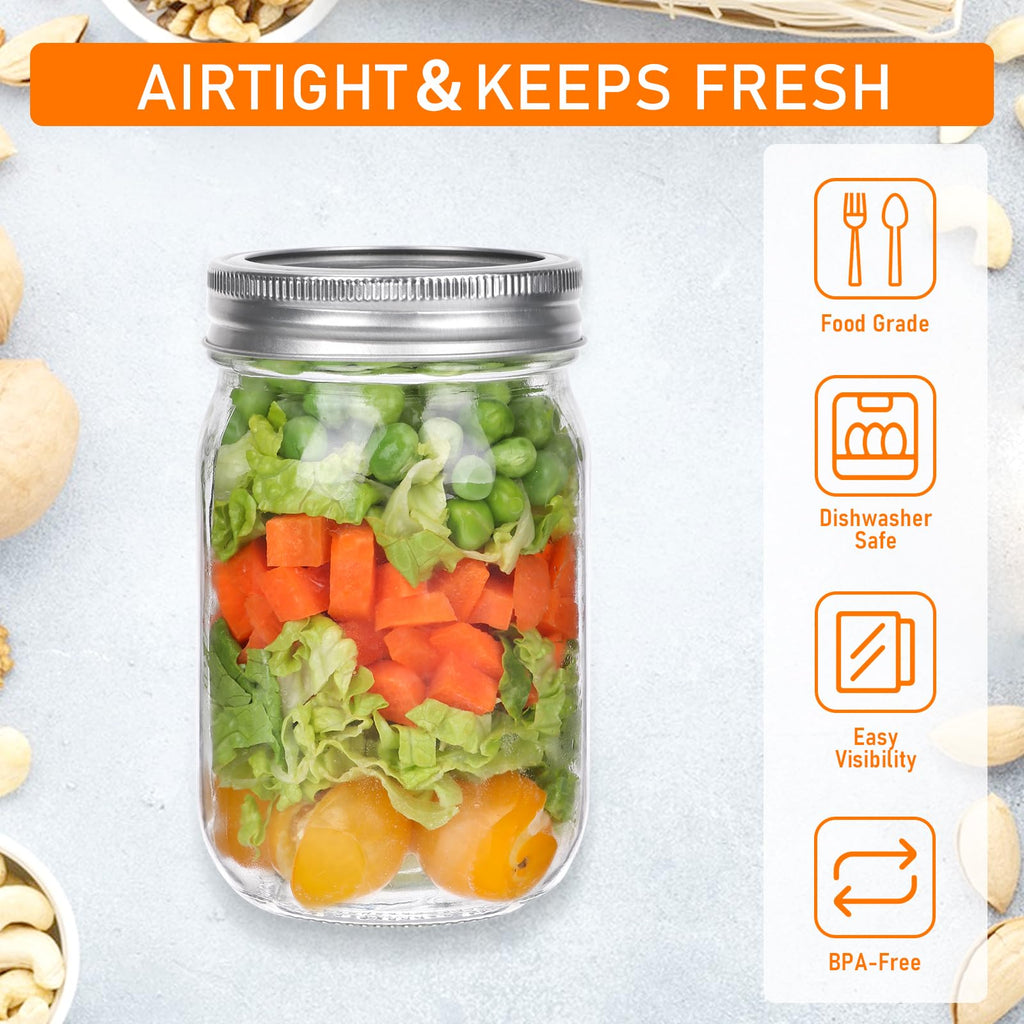 Jinaneil 6 Pack 12 oz Regular Mouth Mason Jars with Silver Lids and Bands, Bonus 6 One-Piece Lids -Glass Canning Jars for Pickling, Canning, Meal Prep