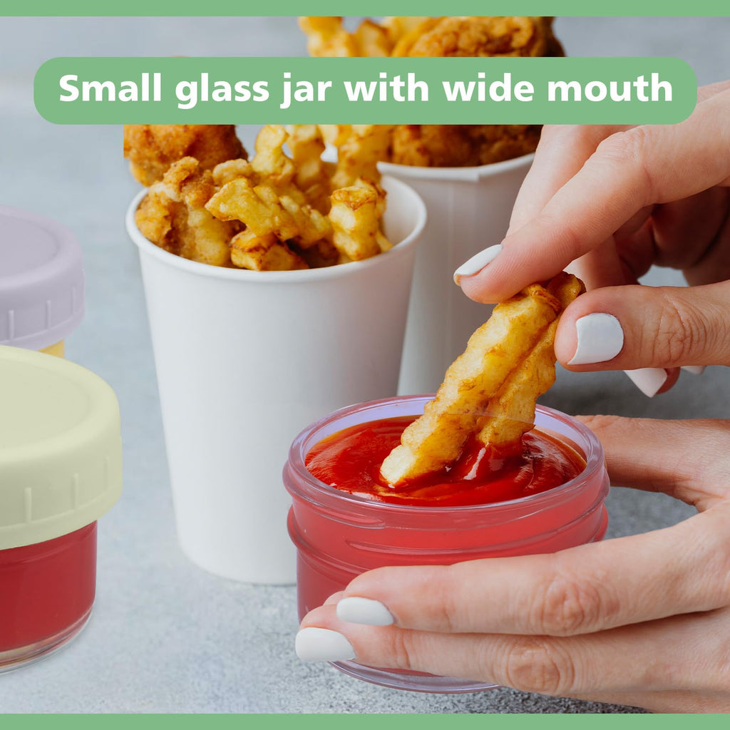 SunMine 6 Pack Salad Dressing Containers To Go 1.7oz Glass Dressing Containers with Lids Small Sauce Cups Mini Condiment Dip Jars for Lunch Box Work Trip